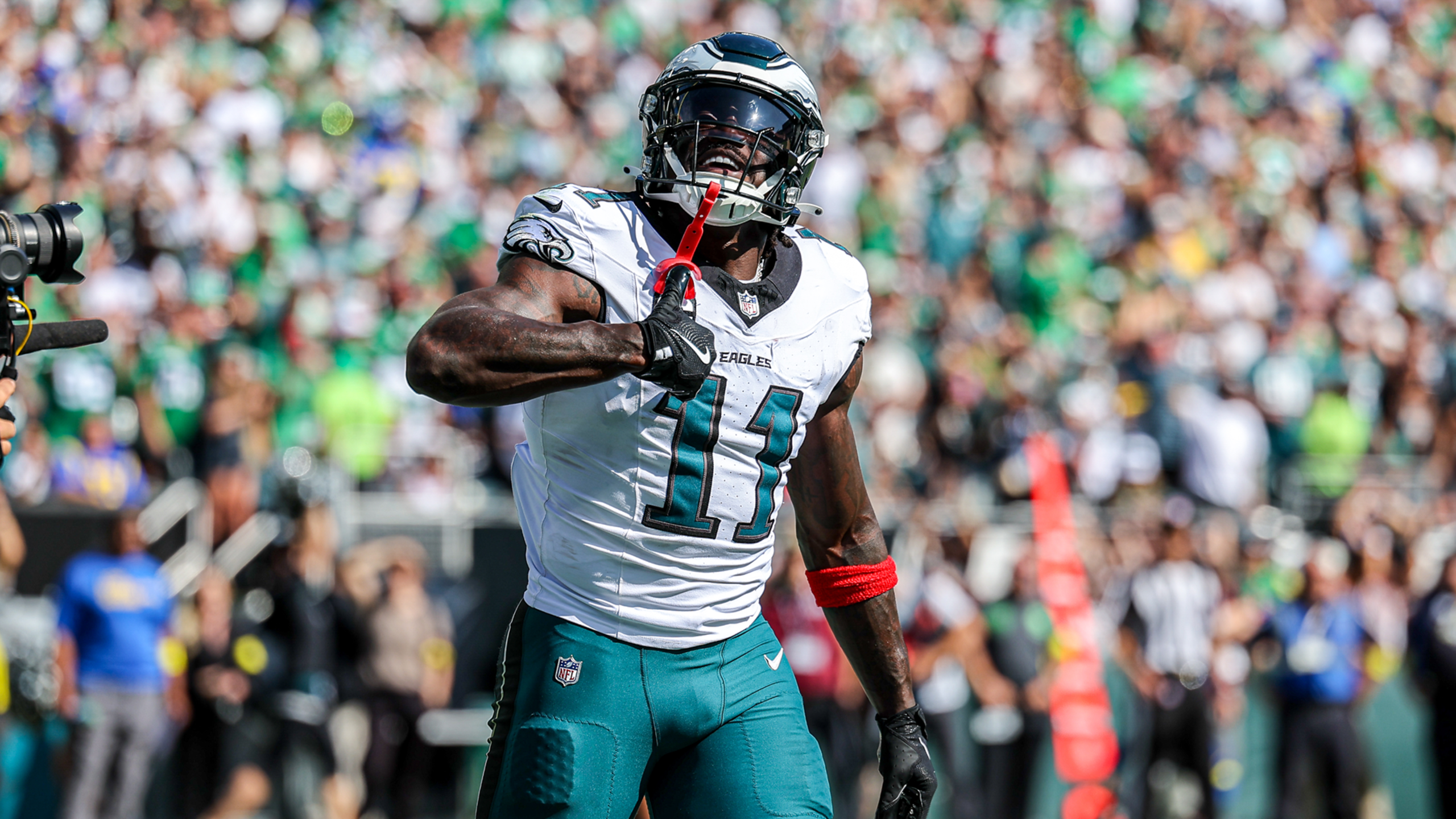 Eagles wide receiver A.J. Brown celebrates during an eventual win over the Rams in Week 3 of the 2025 NFL season.