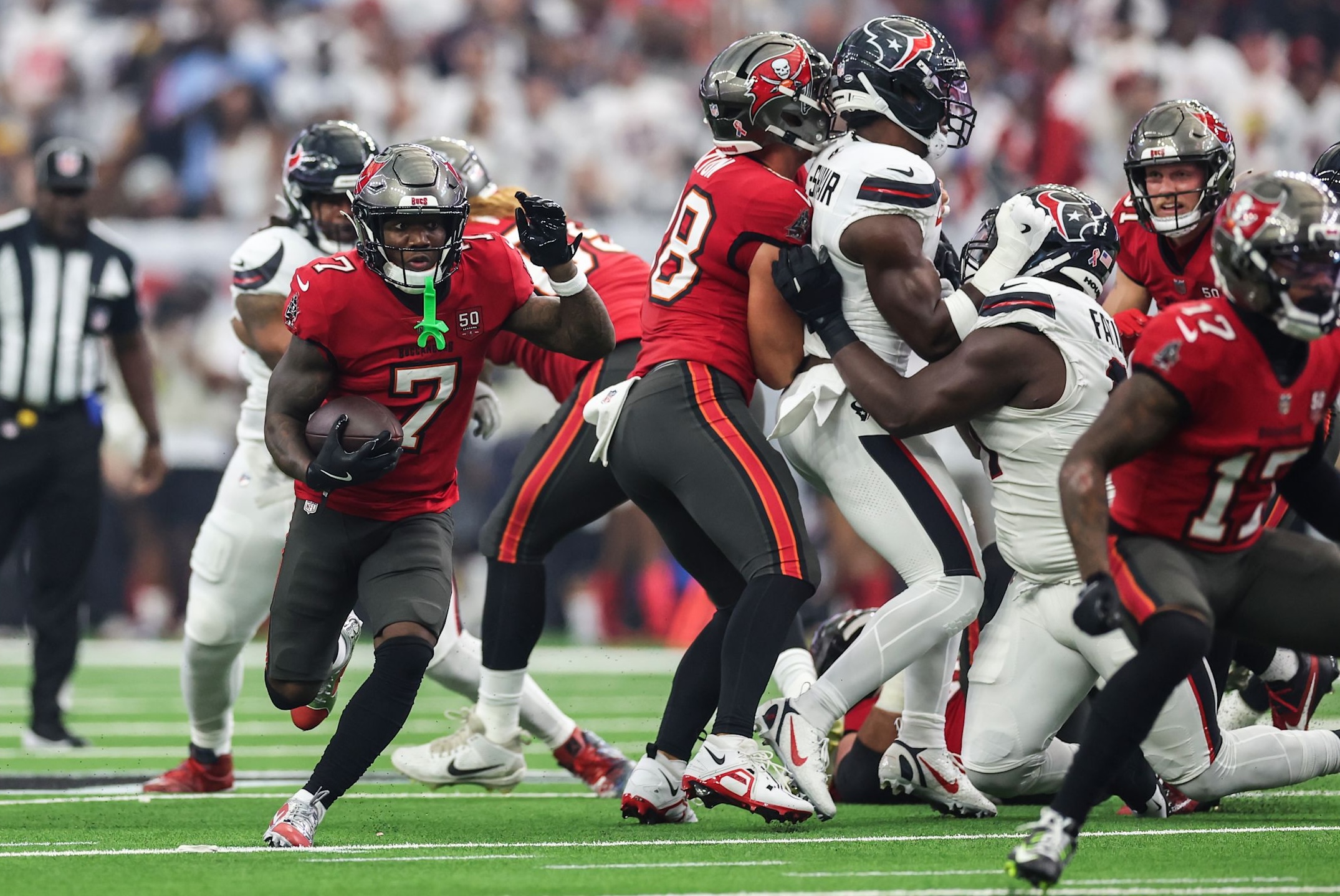 Buccaneers running back Bucky Irving rushes in a win over the Houston Texans in Week 2 of the 2025 NFL season.