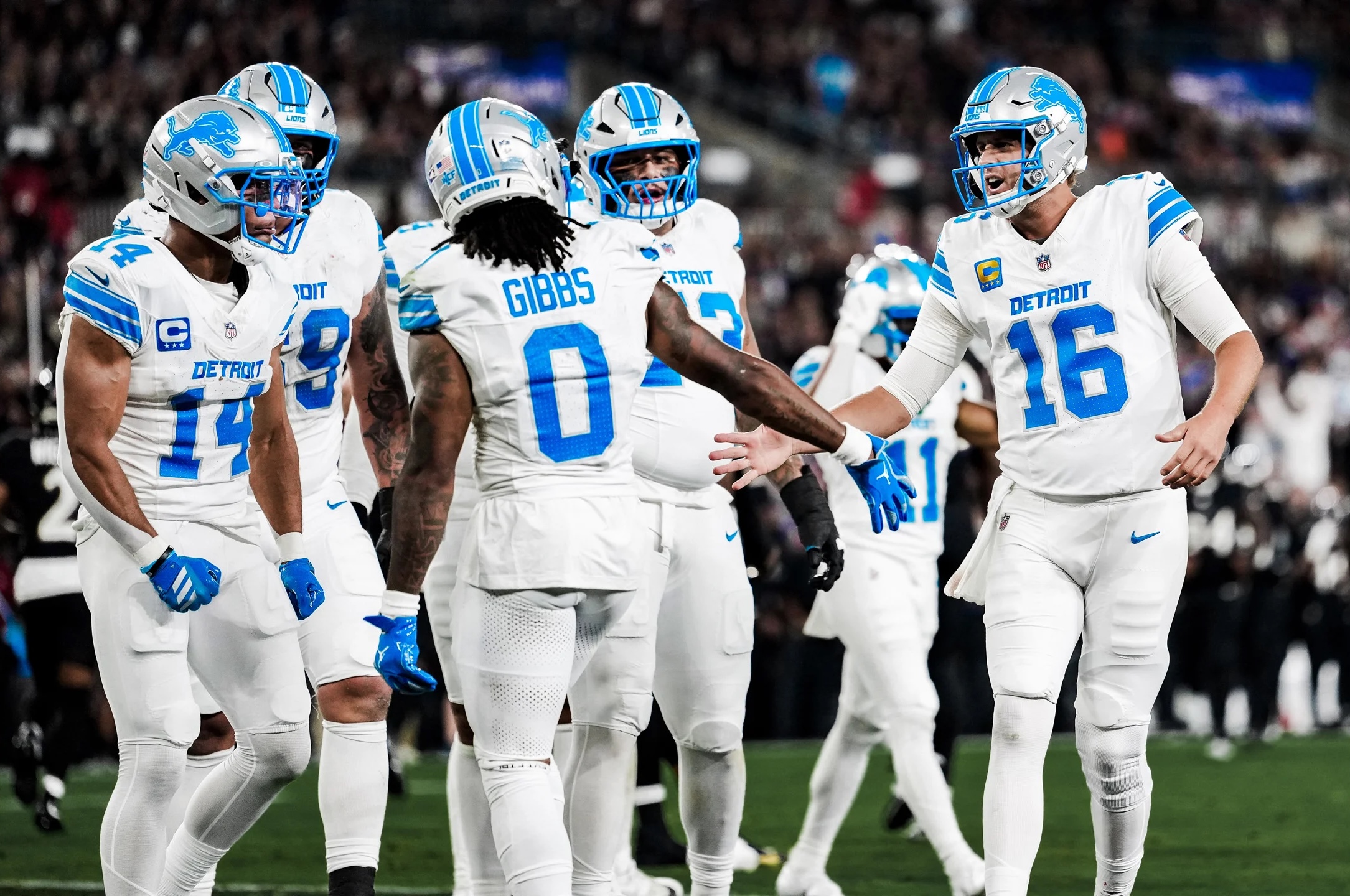 The Detroit Lions celebrate after running back Jahmyr Gibbs scores a touchdown at Baltimore.