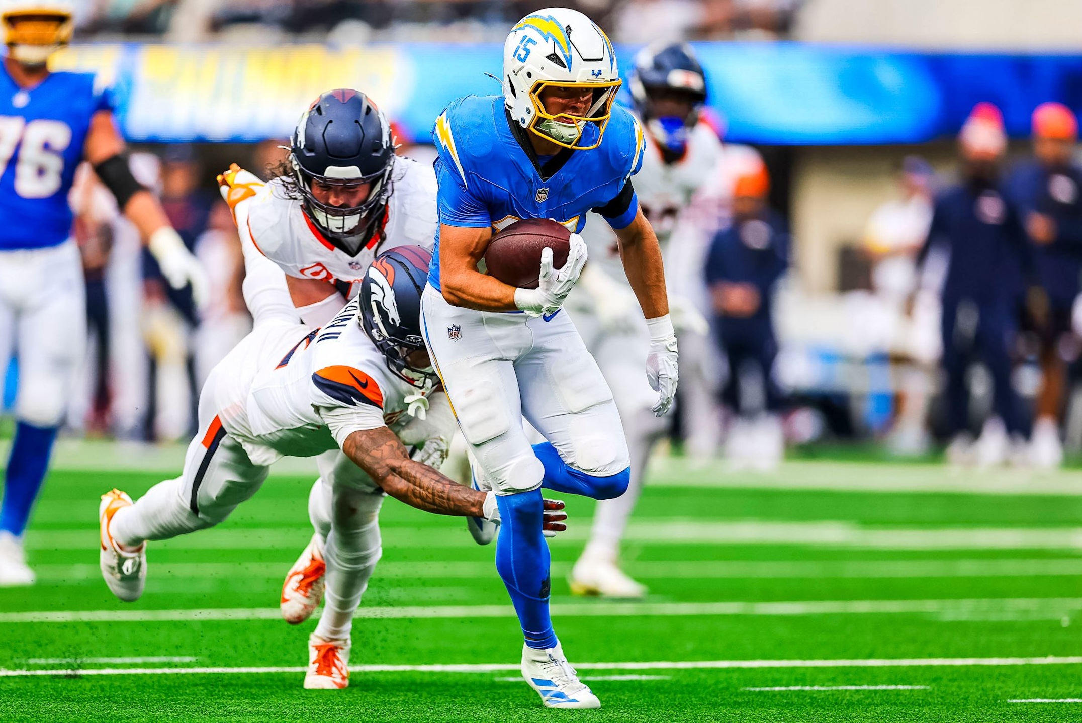 Chargers wide receiver Ladd McConkey runs following a catch in a 23-20 win over the Broncos in Week 3 of the 2025 NFL season.