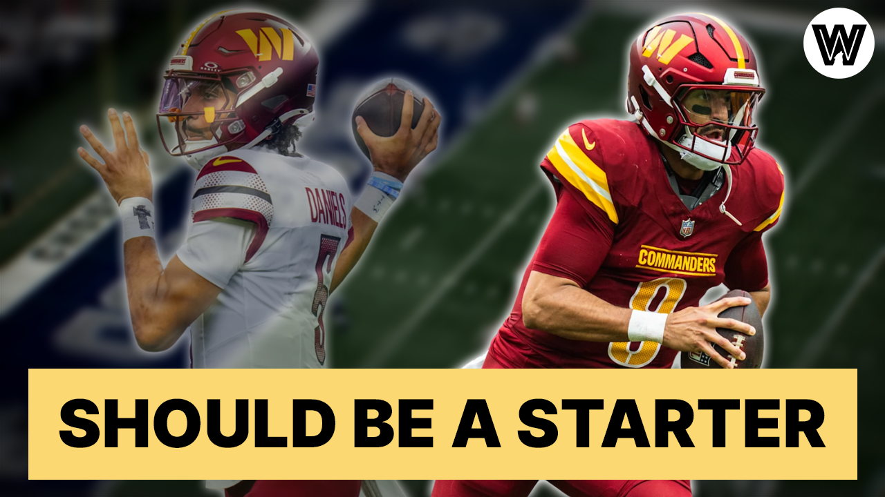 Image of Commanders quarterback Marcus Mariota, with teammate Jayden Daniels fading in the back.