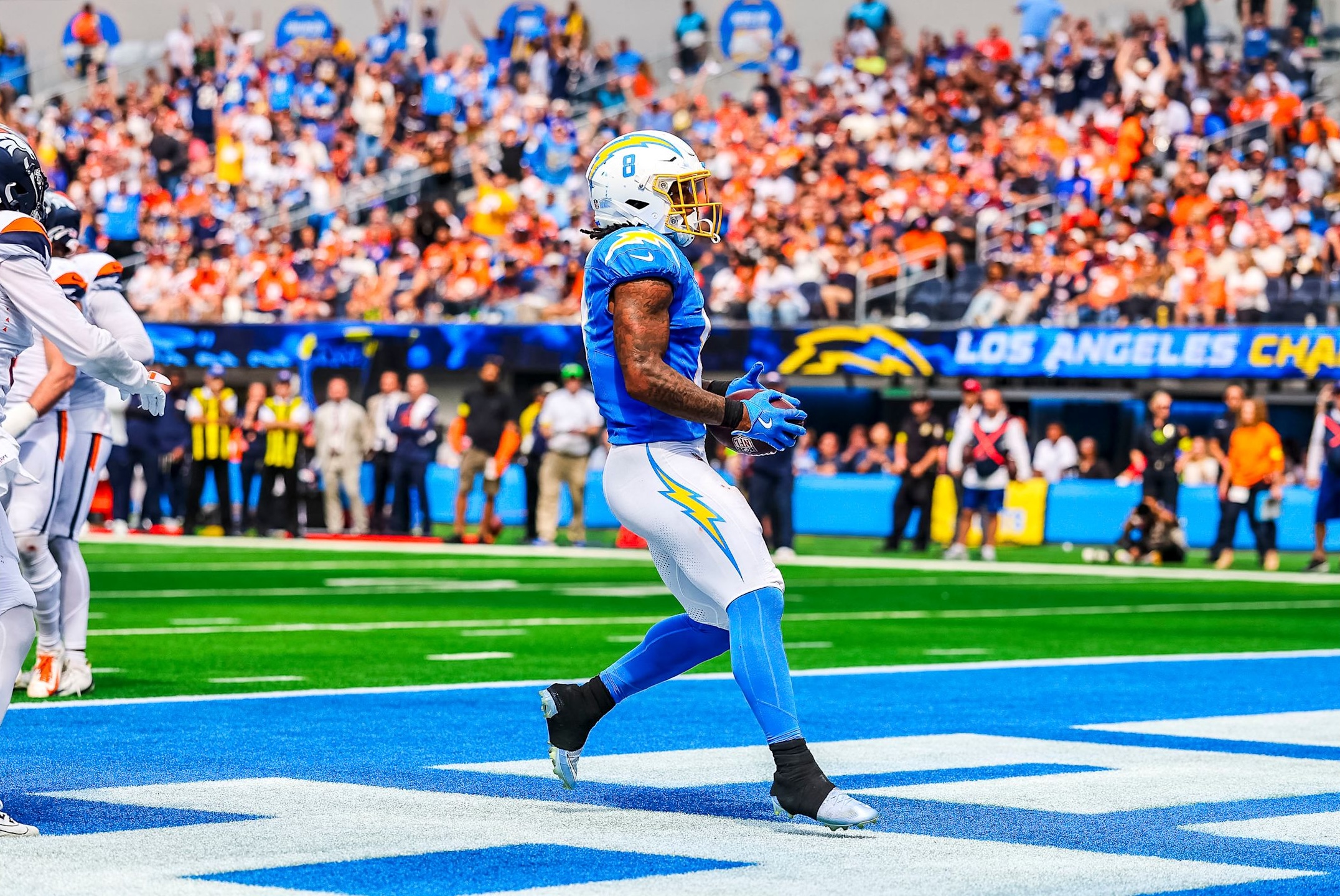 Chargers running back Omarion Hampton scores his first career touchdown in a win over the Broncos in Week 3 of the 2025 NFL season.