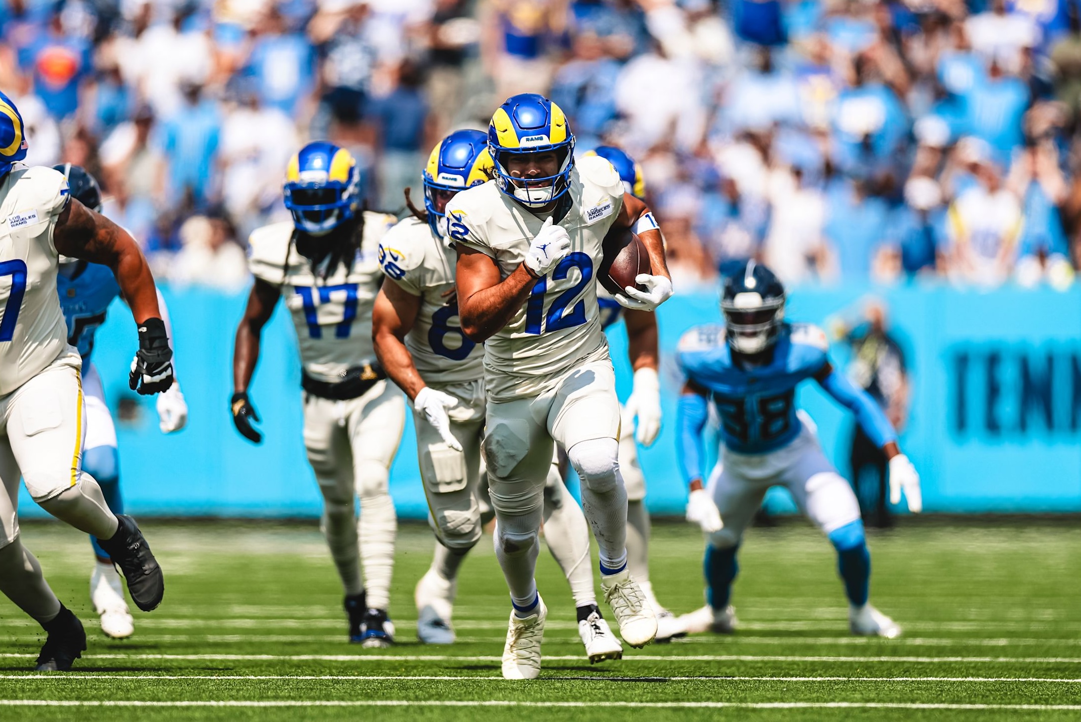 Rams wide receiver Puka Nacua runs in the open field in a win over the Titans in Week 2 of the 2025 NFL season.