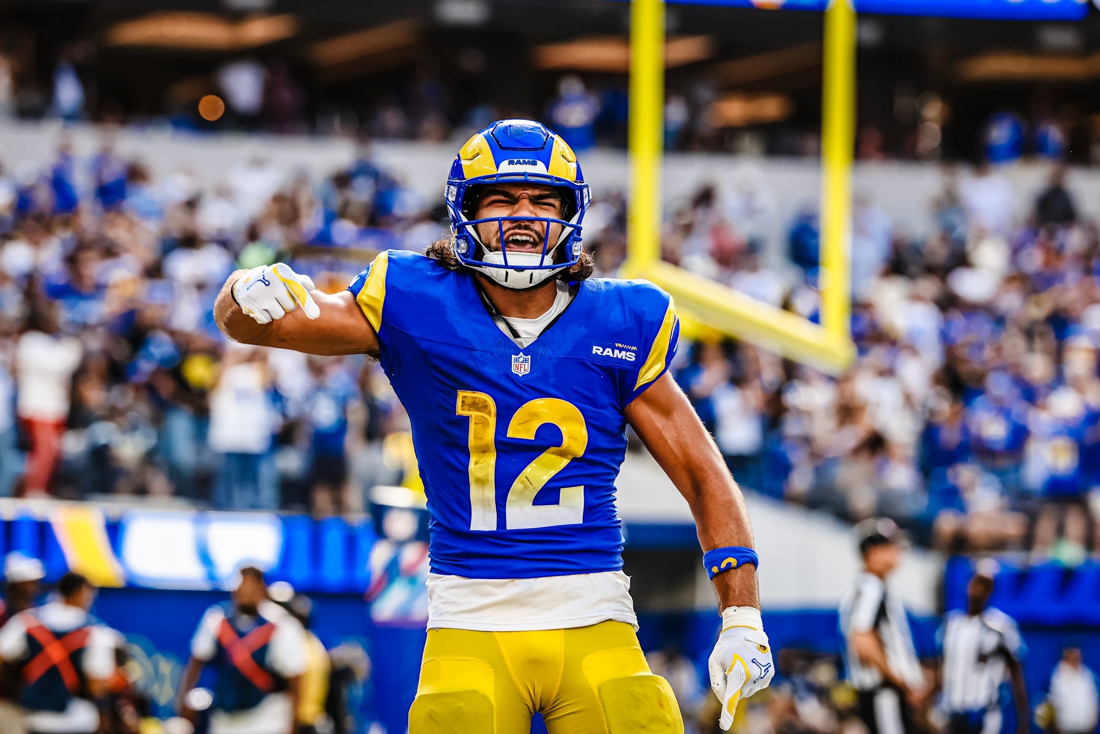 Rams wide receiver Puka Nacua celebrates following a touchdown in a win over the Colts in Week 4 of the 2025 NFL season.