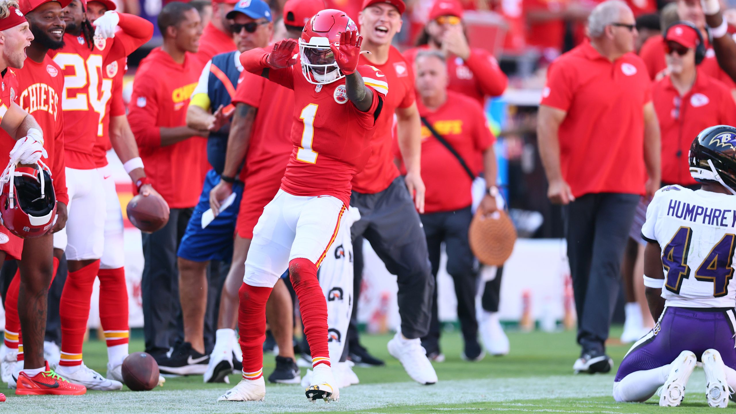 Chiefs wide receiver Xavier Worthy celebrates after a big play in a win over the Baltimore Ravens in Week 4 of the 2025 NFL season.