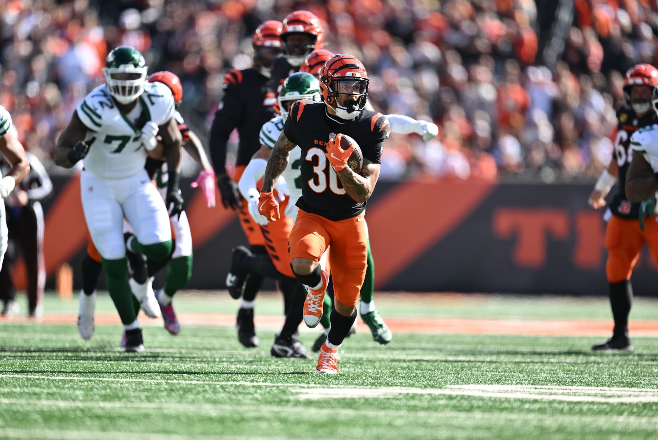 Bengals running back Chase Brown breaks a long run in a Week 8 loss to the Jets in the 2025 NFL season.