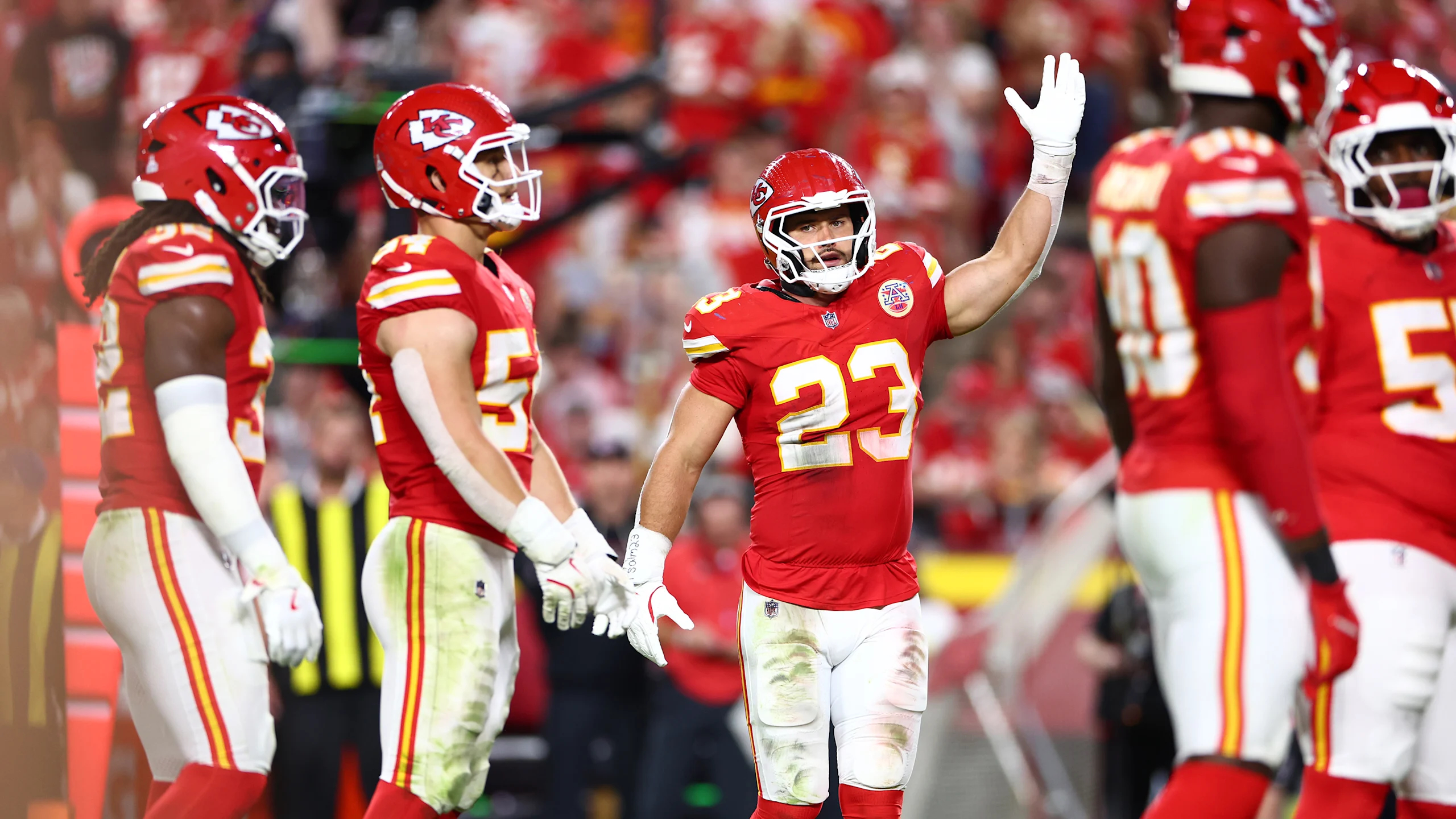 Kansas City Chiefs linebacker Drue Tranquill pre-snap in a Sunday Night Football win against the Detroit Lions during the 2025 NFL season