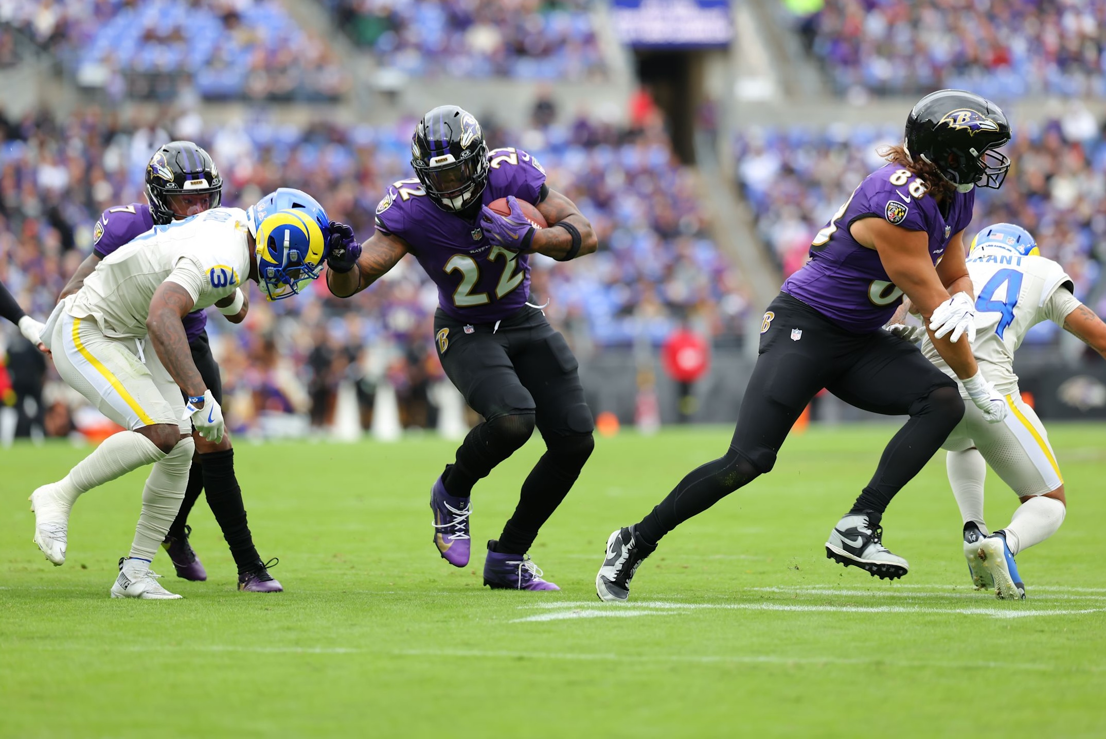 Ravens running back Derrick Henry runs in a Week 6 loss to the Los Angeles Rams in the 2025 NFL season.