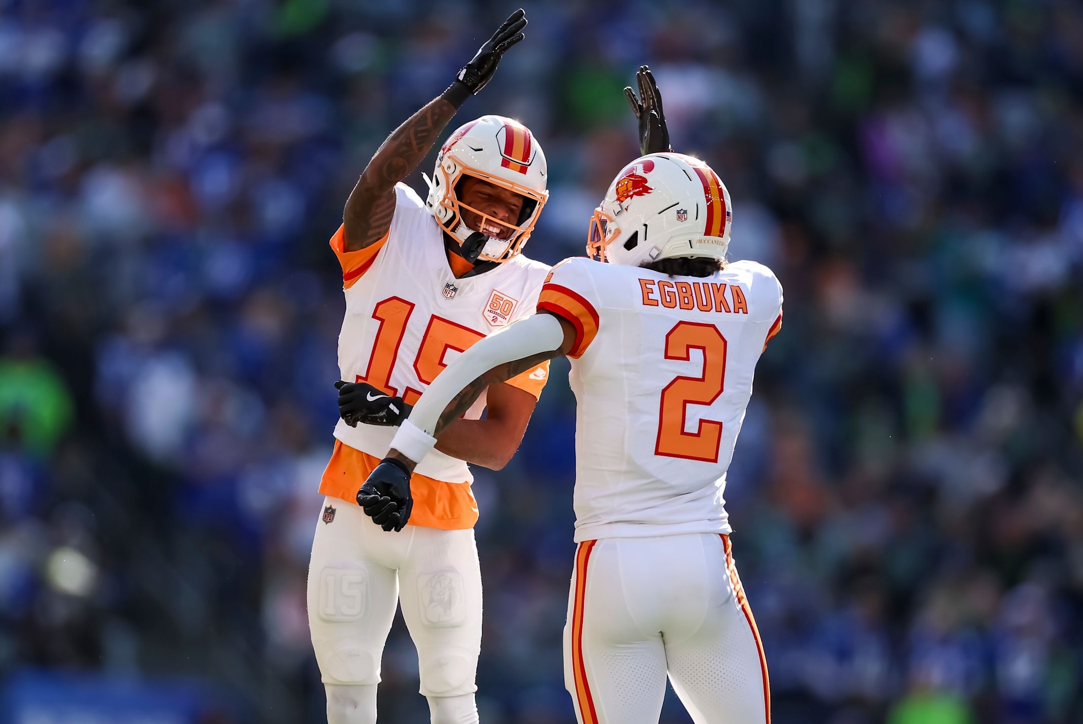 Buccaneers rookie wide receivers Emeka Ebguka and Tez Johnson celebrate during a Week 5 win over the Seattle Seahawks during the 2025 NFL season.
