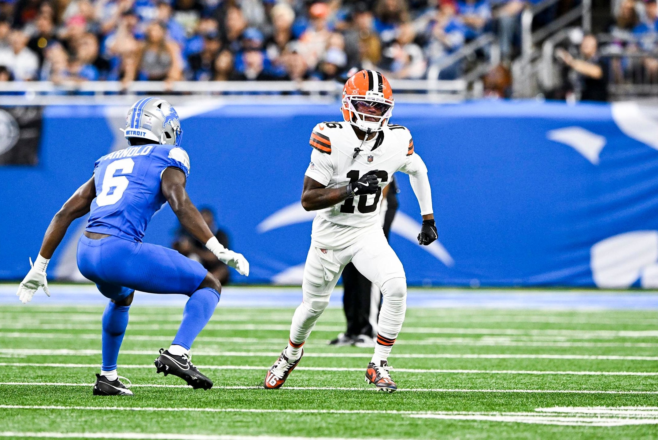 Browns wide receiver Isaiah Bond (16) runs a route in a loss to the Detroit Lions in Week 4 of the 2025 NFL season.