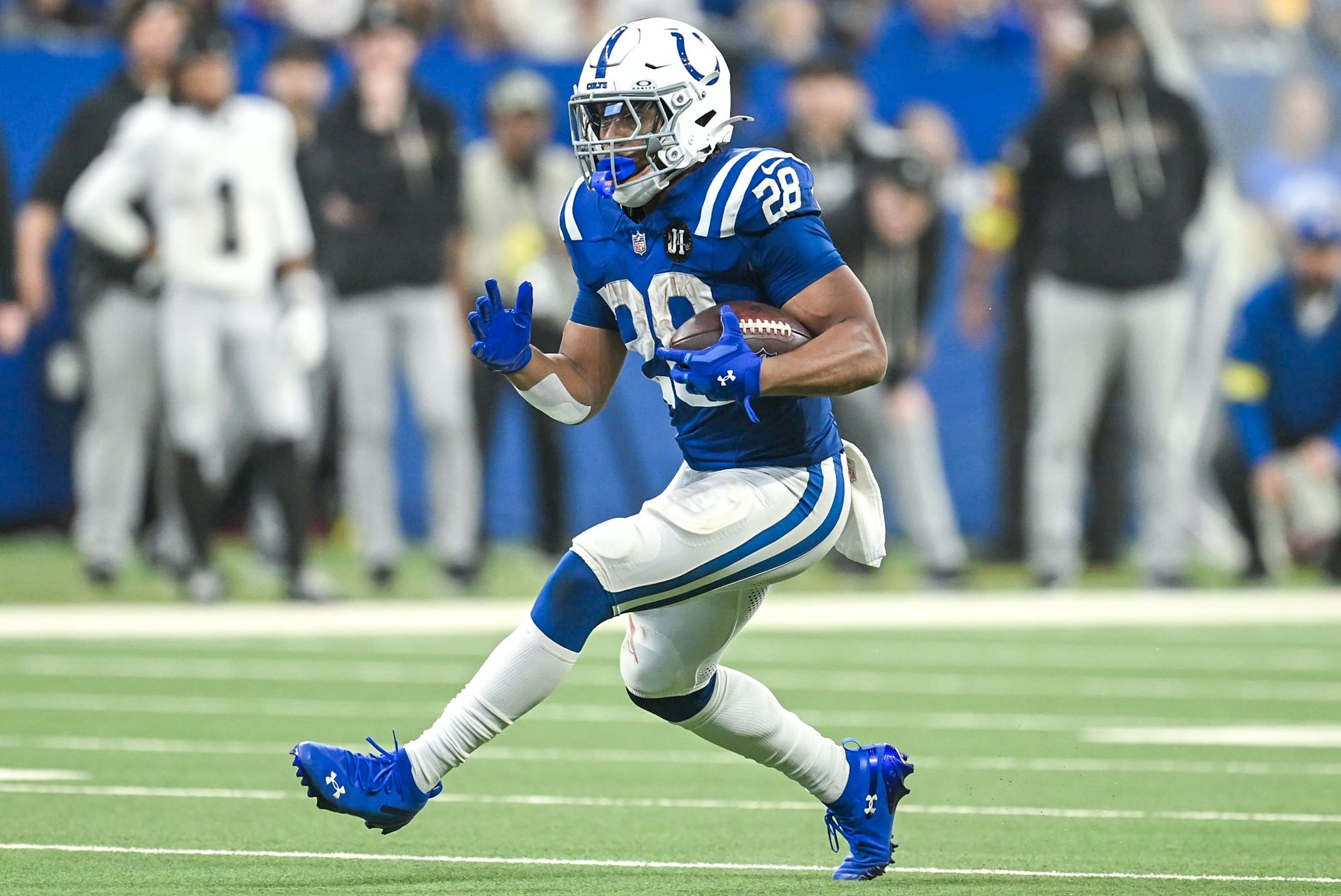 Colts running back Jonathan Taylor runs in a 40-6 win over the Raiders in Week 5 of the 2025 NFL season.