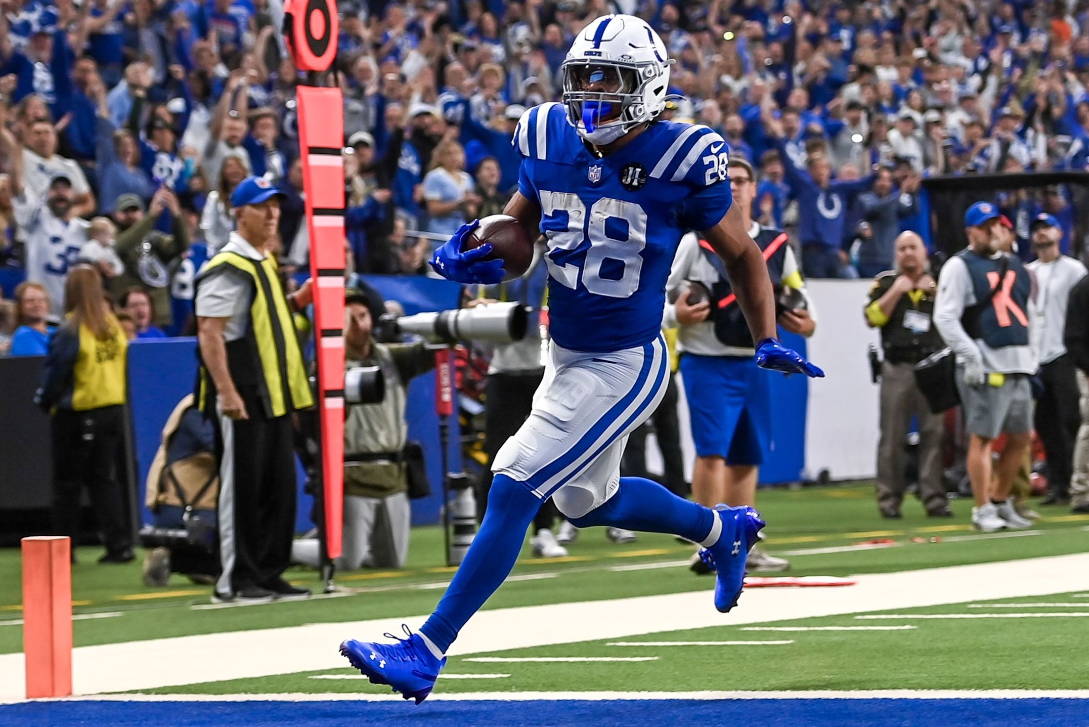 Colts running back Jonathan Taylor finds the end zone in a three-touchdown performance versus the Titans in Week 8 of the 2025 NFL season.