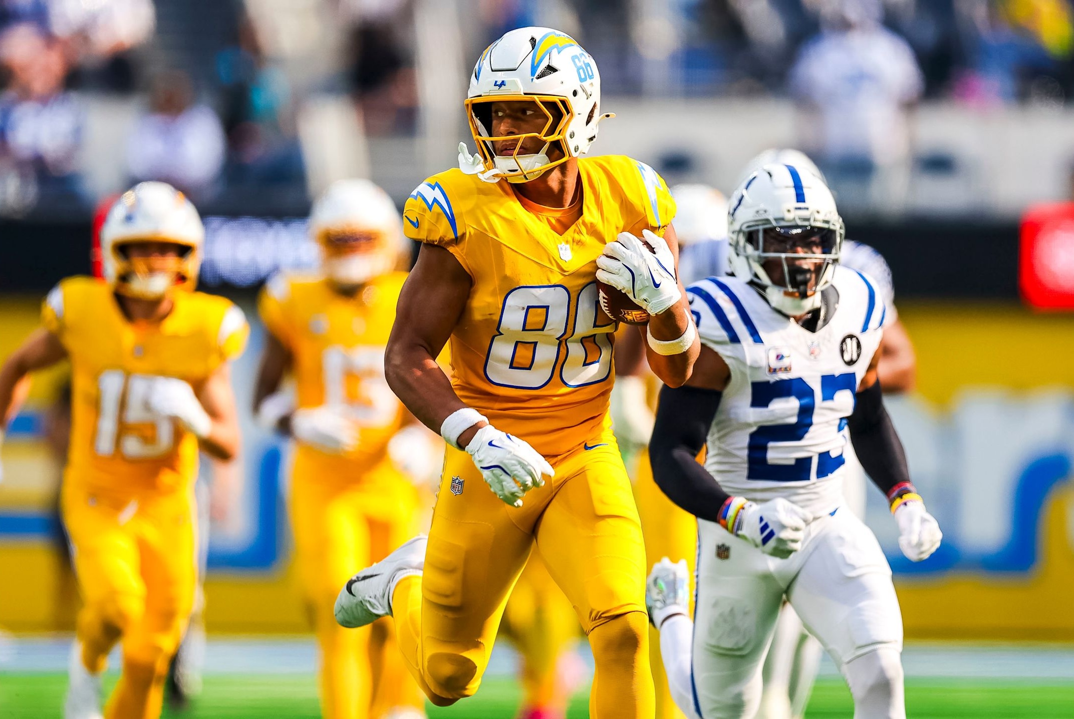 Chargers rookie tight end Oronde Gadsden II in a 164-yard performance in Week 7 of the 2025 NFL season.