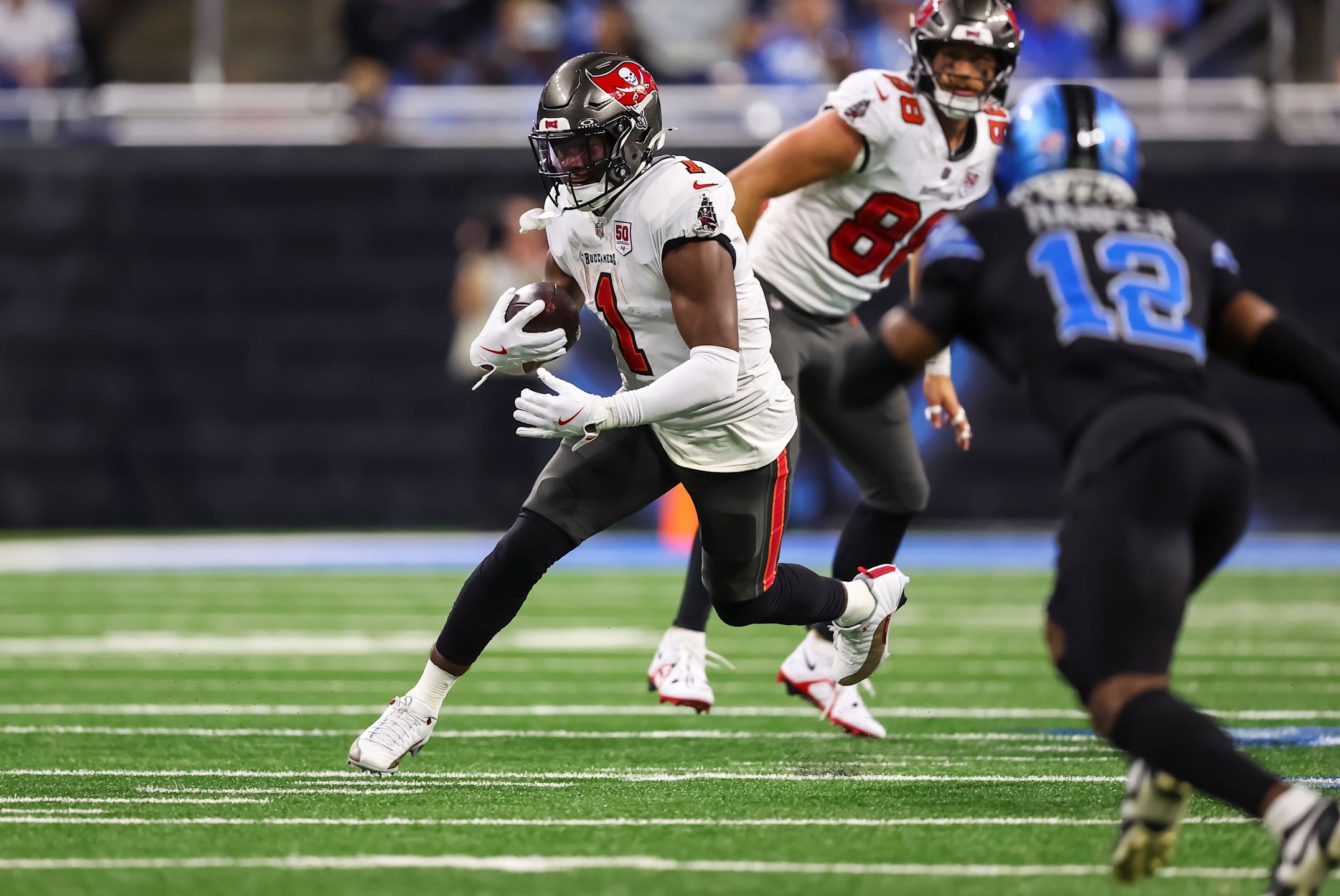 Buccaneers running back Rachaad White runs in Tampa Bay's 24-9 loss to the Lions in Week 7 of the 2025 NFL season.