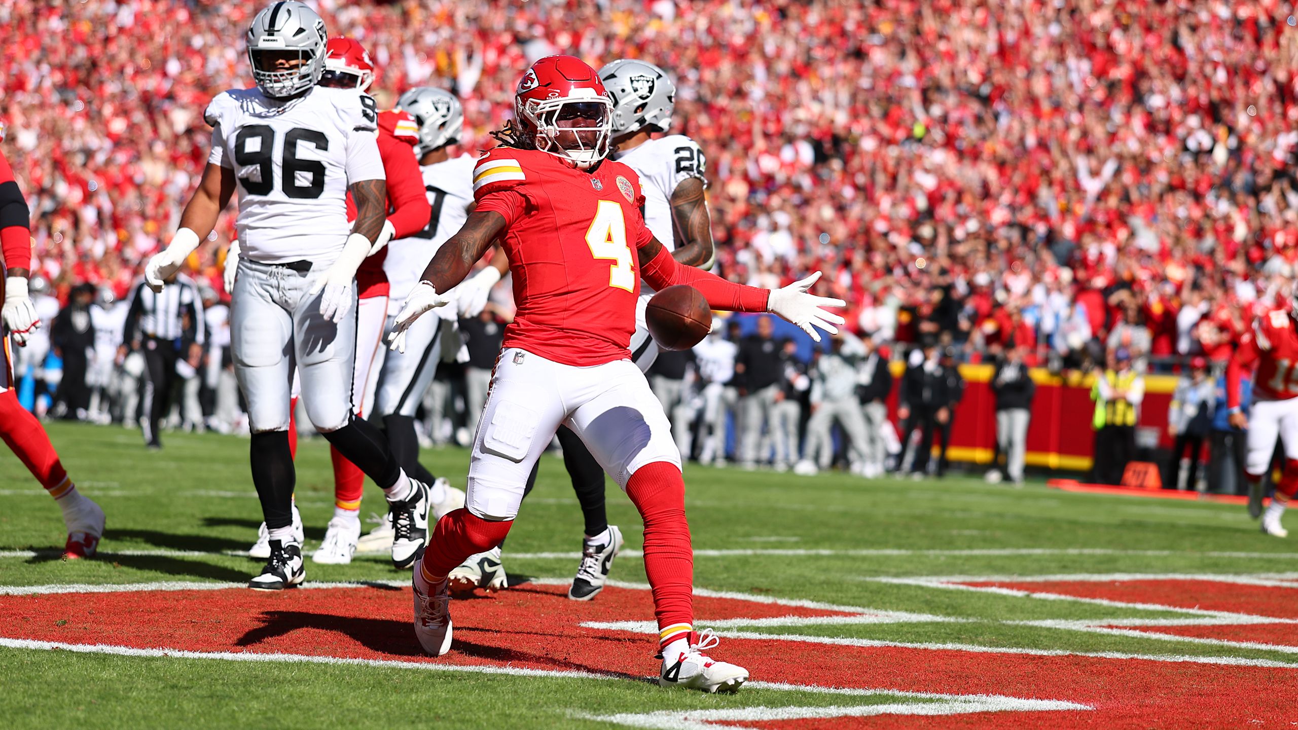 Chiefs wide receiver Rashee Rice celebrates after a touchdown in his 2025 season debut as Kansas City shutout Las Vegas, 31-0.