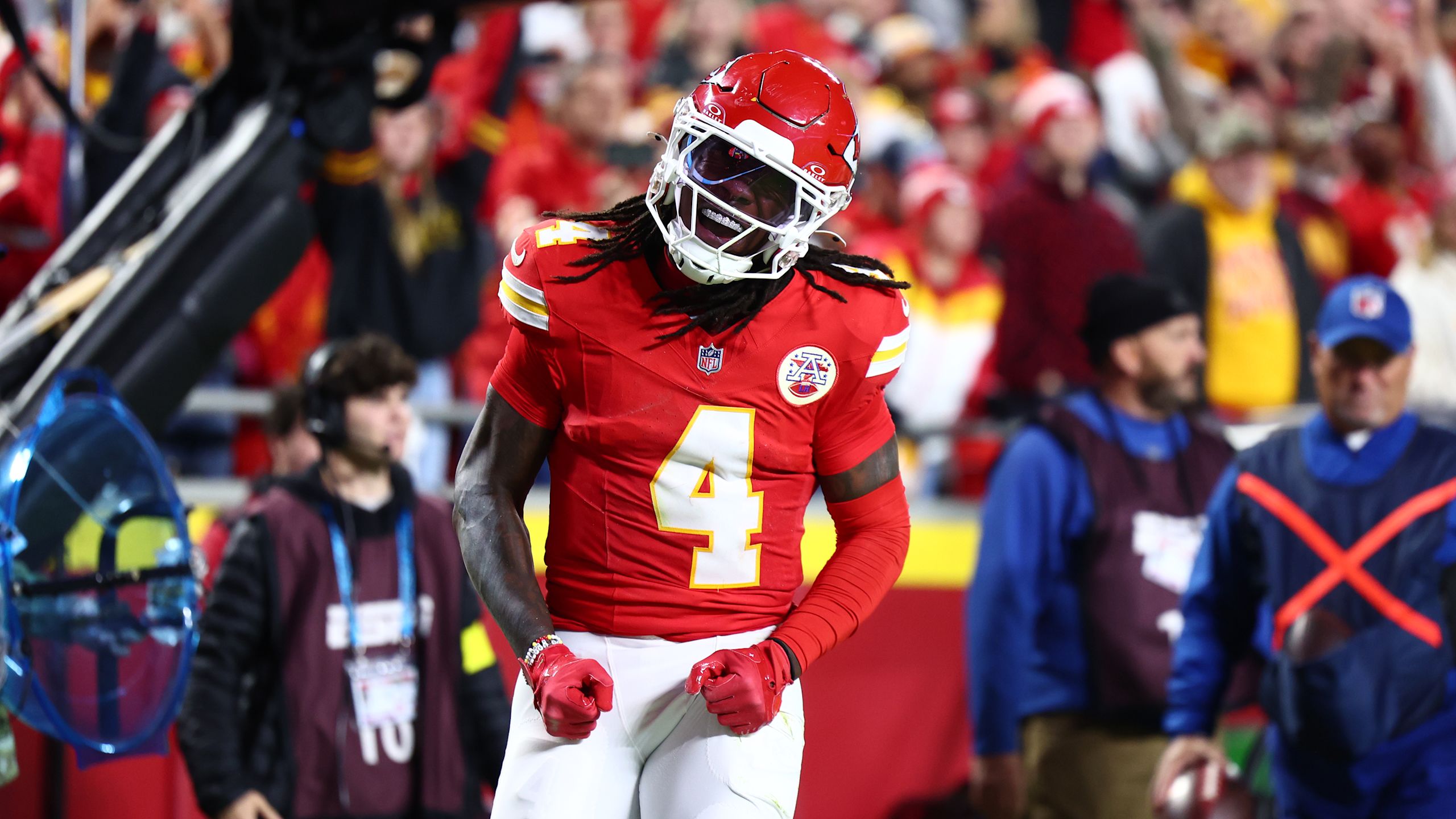 Chiefs wide receiver celebrates in a 28-7 win over the Commanders on Monday Night Football in Week 8 of the 2025 NFL season.