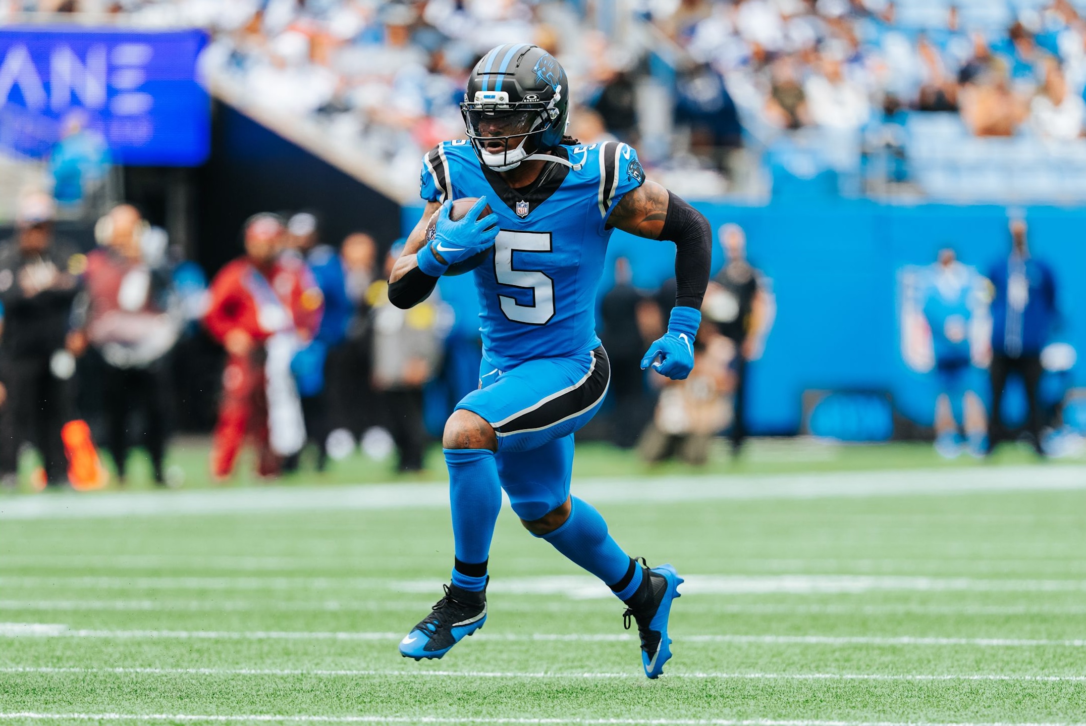 Panthers running back Rico Dowdle runs in the open field in a 30-27 win over the Cowboys in Week 6 of the 2025 NFL season.