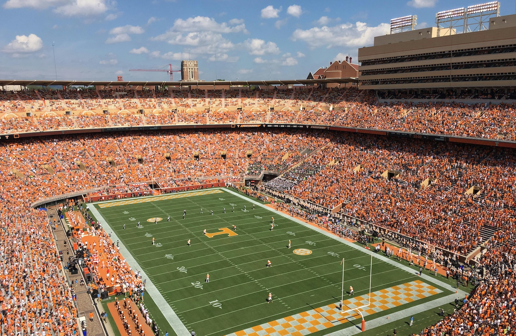 Aerial shot of Tennessee Volunteers football stadium with a filled crowd of people