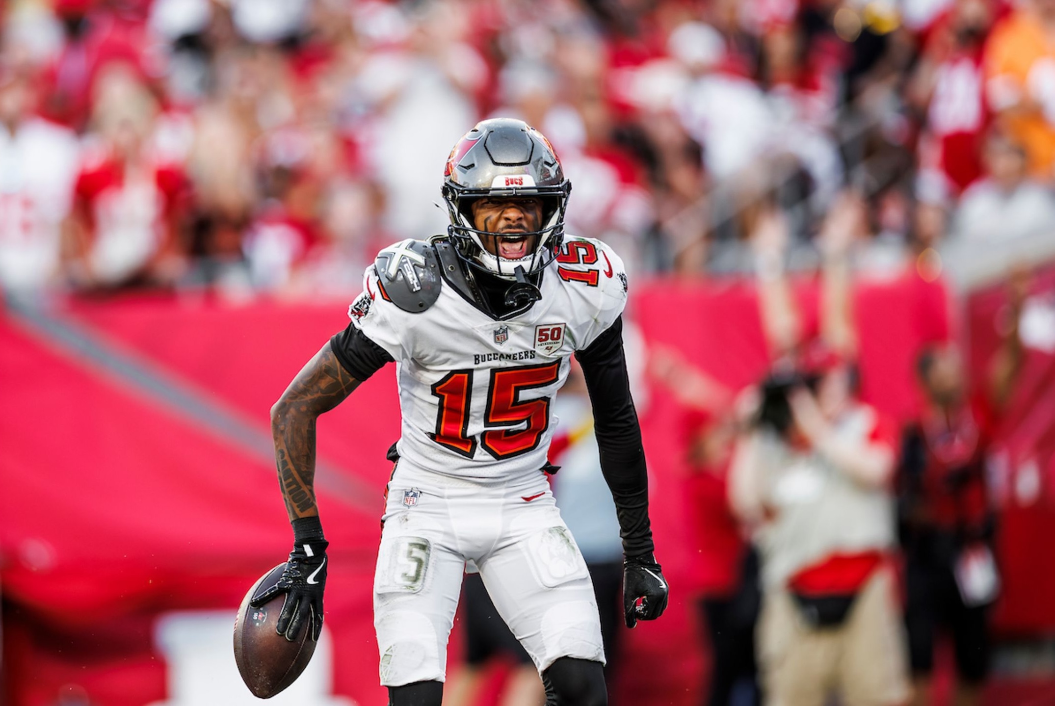 Buccaneers wide receiver Ted Johnson celebrates after catching his first career touchdown in a 30-19 win over the 49ers in Week 6 of the 2025 NFL season.