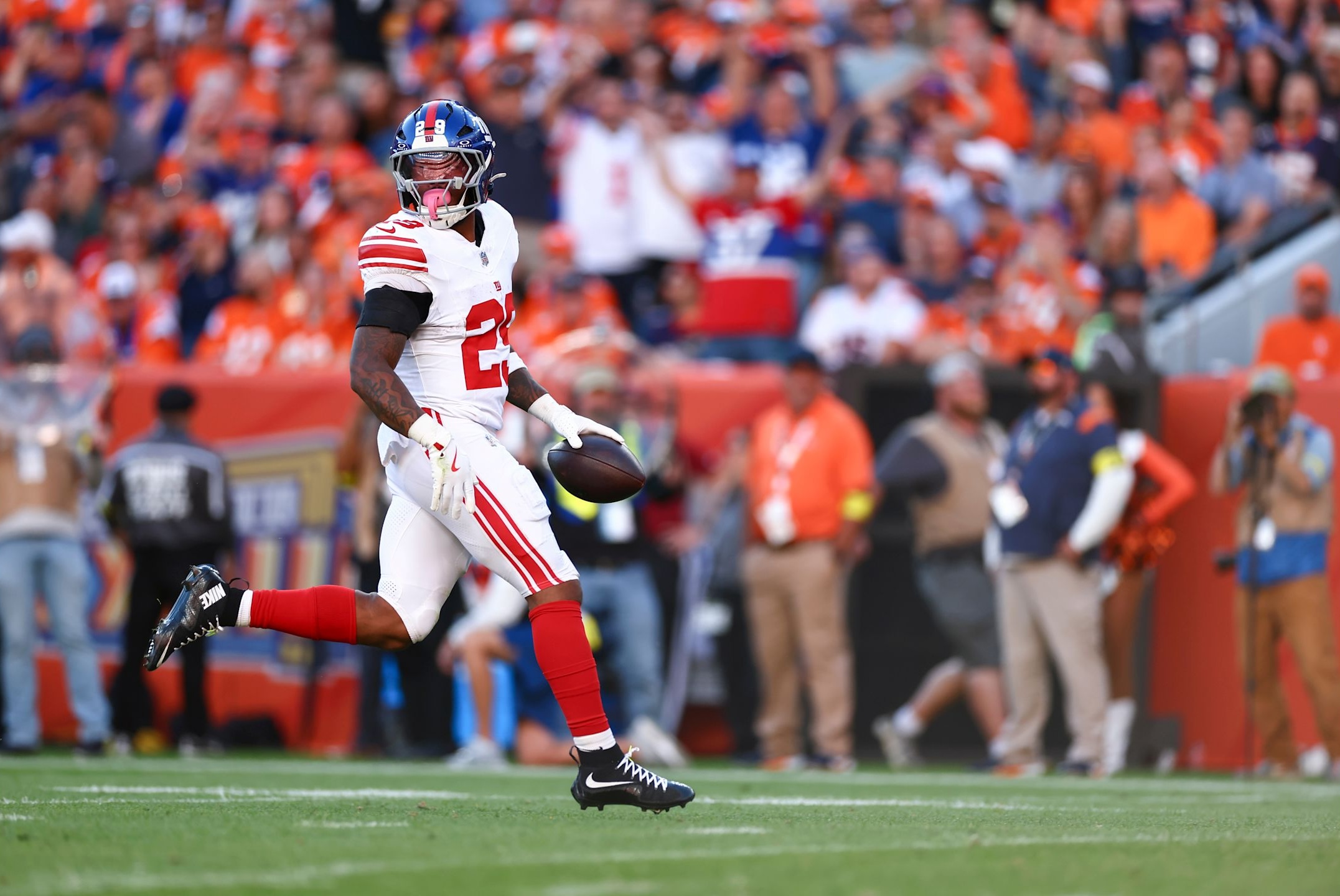 Giants running back Tyrone Tracy Jr. runs for a touchdown in a Week 7 loss to the Broncos in the 2025 NFL season.