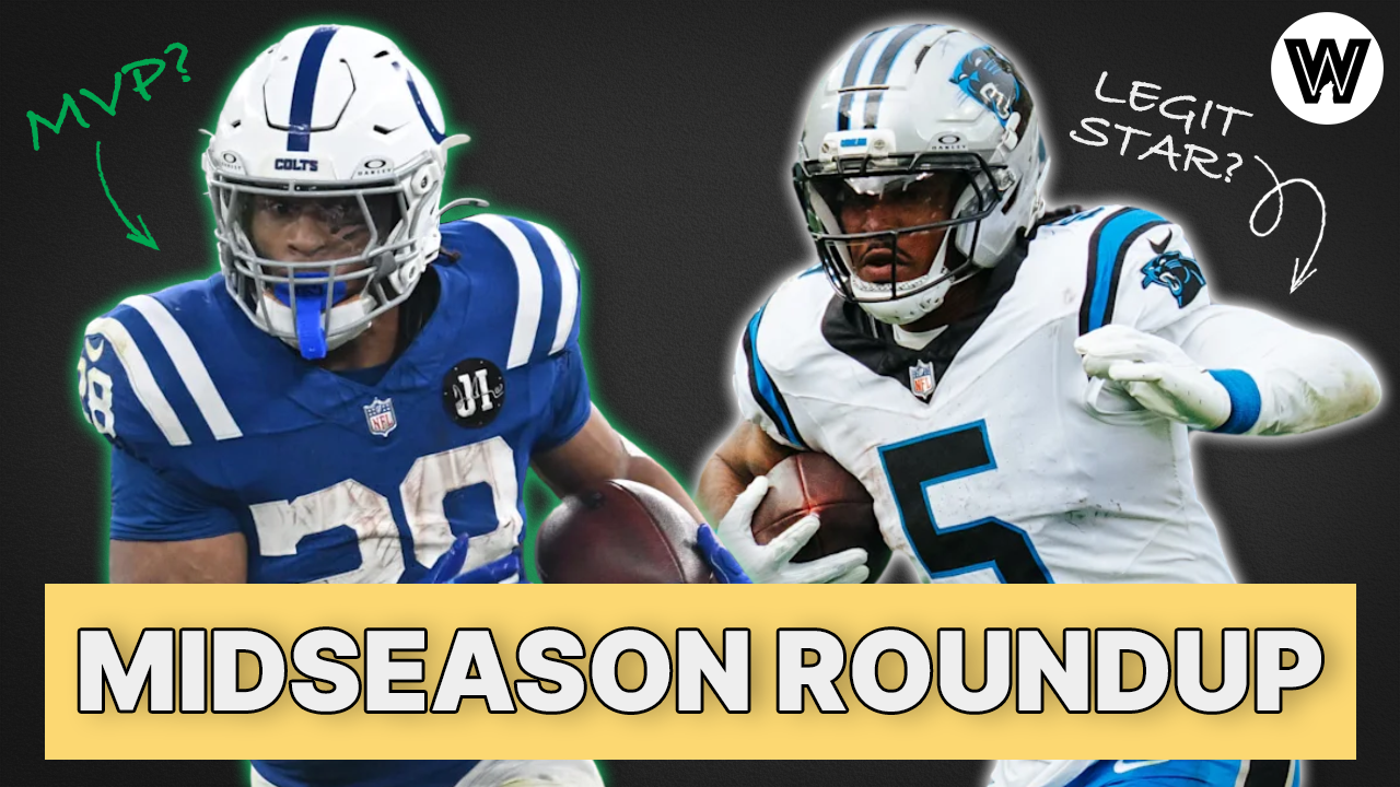 Colts running back Jonathan Taylor as the potential 2025 NFL MVP and Panthers running back Rico Dowdle as a breakout star for a YouTube video thumbnail.