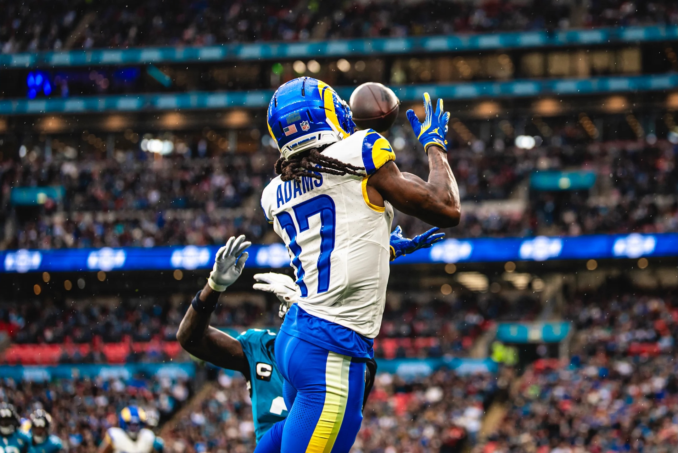 Los Angeles Rams wide receiver Davante Adams catches a touchdown during his three-touchdown performance in London against the Jacksonville Jaguars.