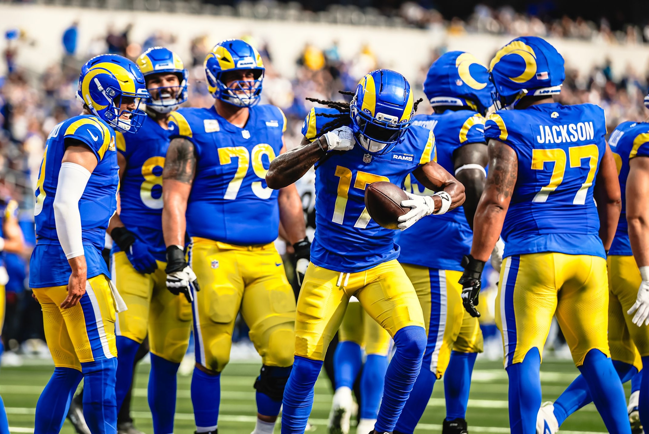 Rams wide receiver Davante Adams and teammates celebrate following a touchdown in a 34-10 win over the Saints in Week 9 of the 2025 NFL season.