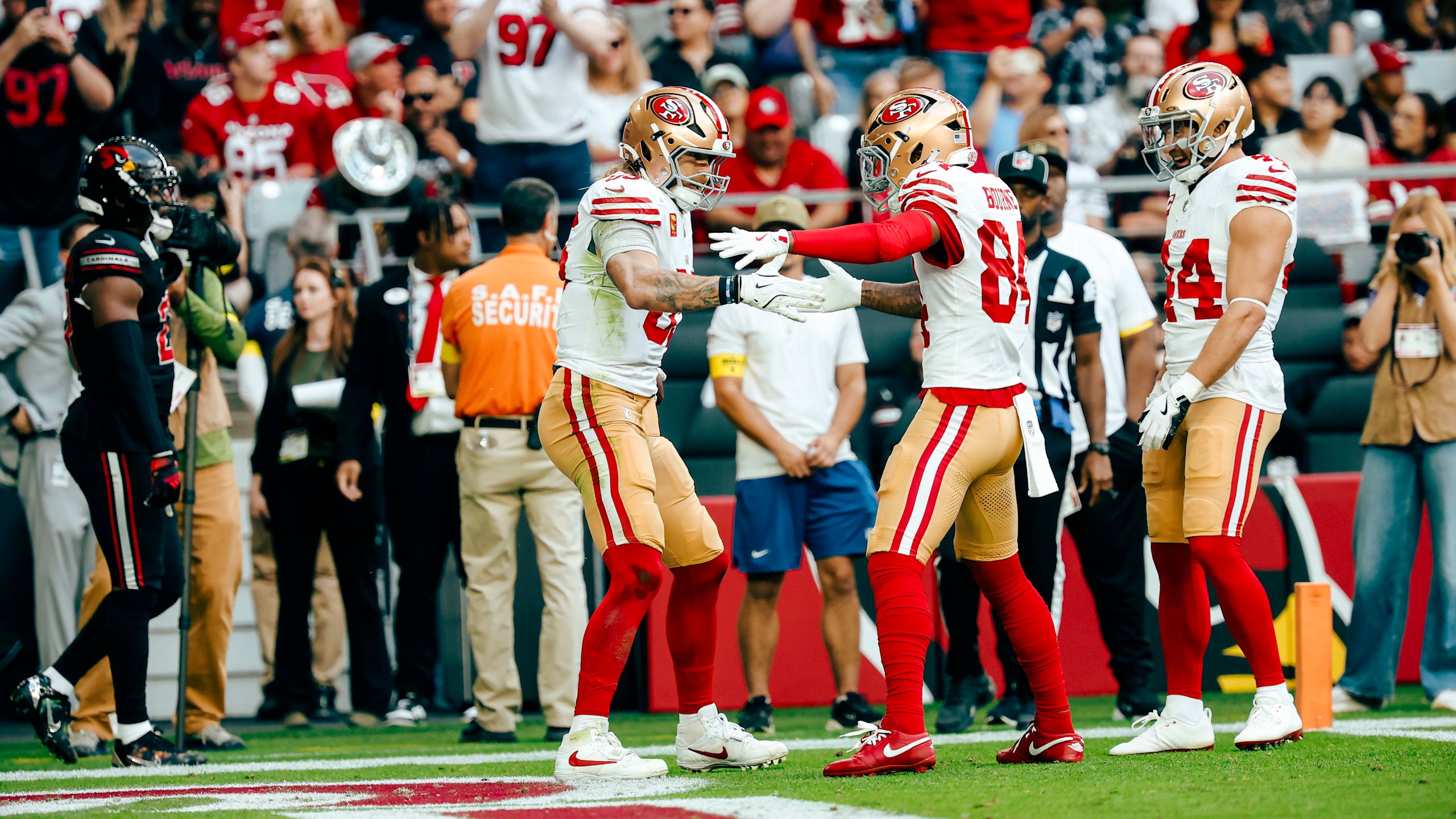 49ers tight end George Kittle celebrates following a touchdown in a 41-22 win over the Cardinals in Week 11 of the 2025 NFL season.