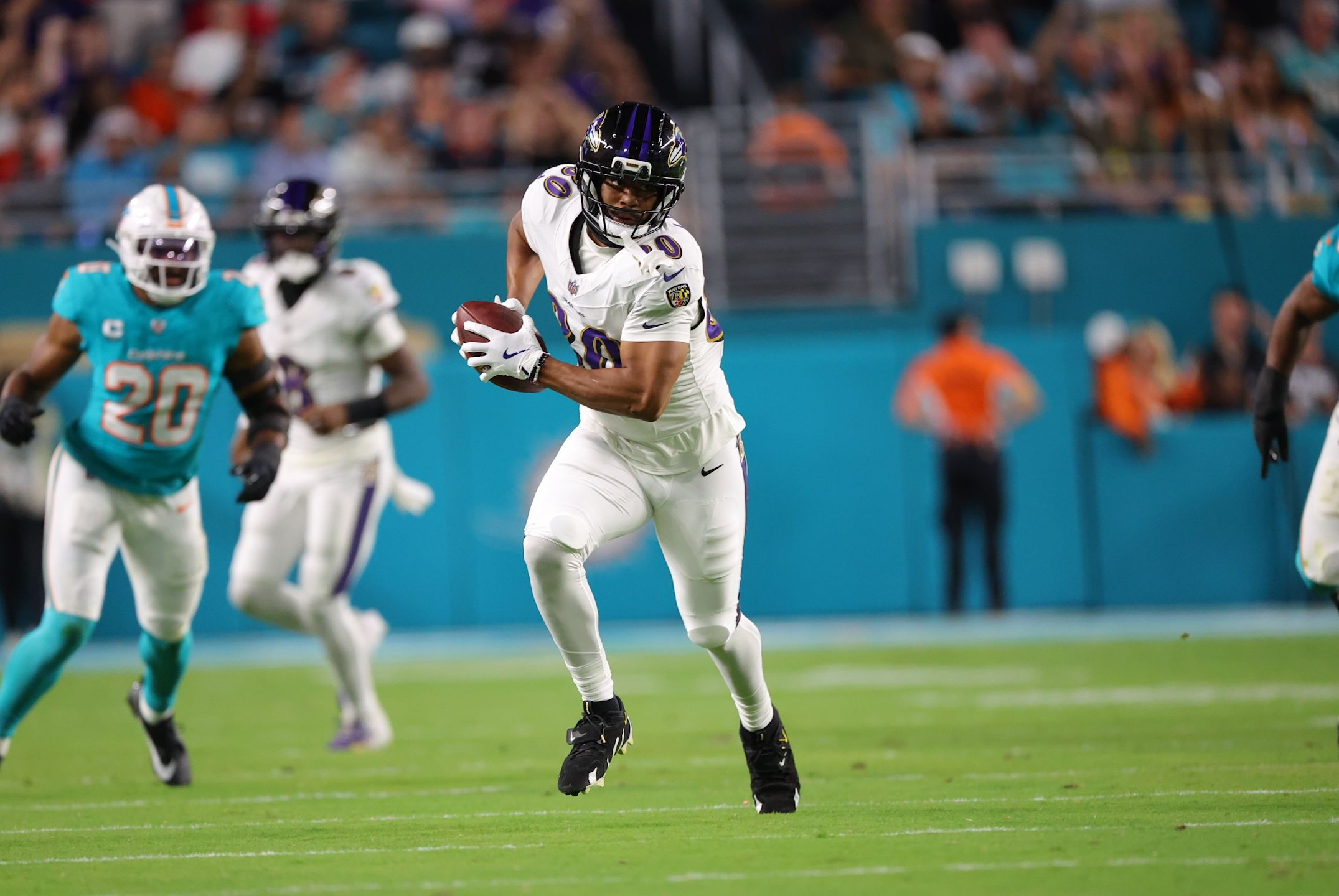 Ravens tight end Isaiah Likely goes for a big gain in a 28-6 win over the Dolphins in Week 9 of the 2025 NFL season.