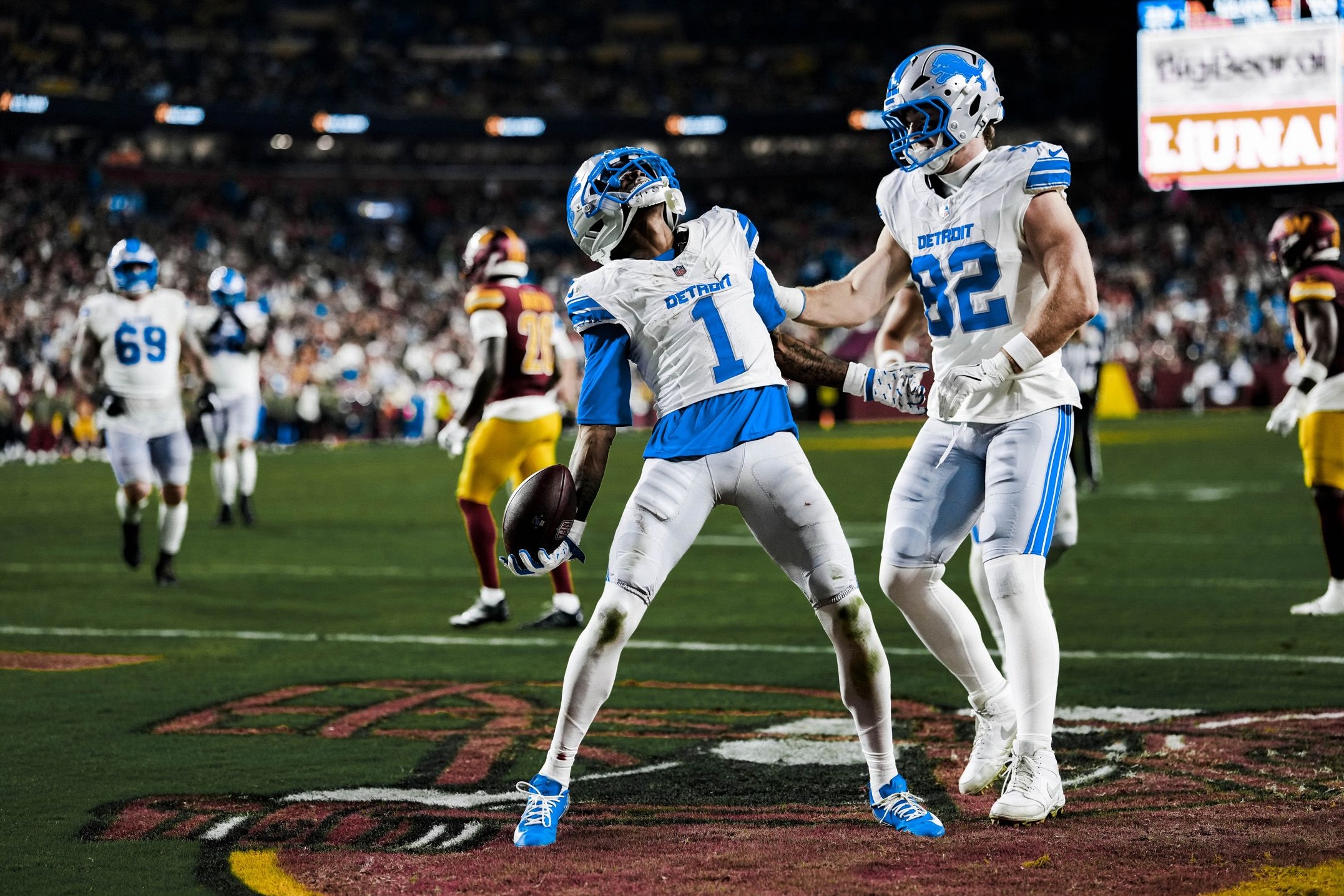 Lions wide receiver Jameson Williams celebrates following a touchdown in a win over the Commanders in Week 10 of the 2025 NFL season.