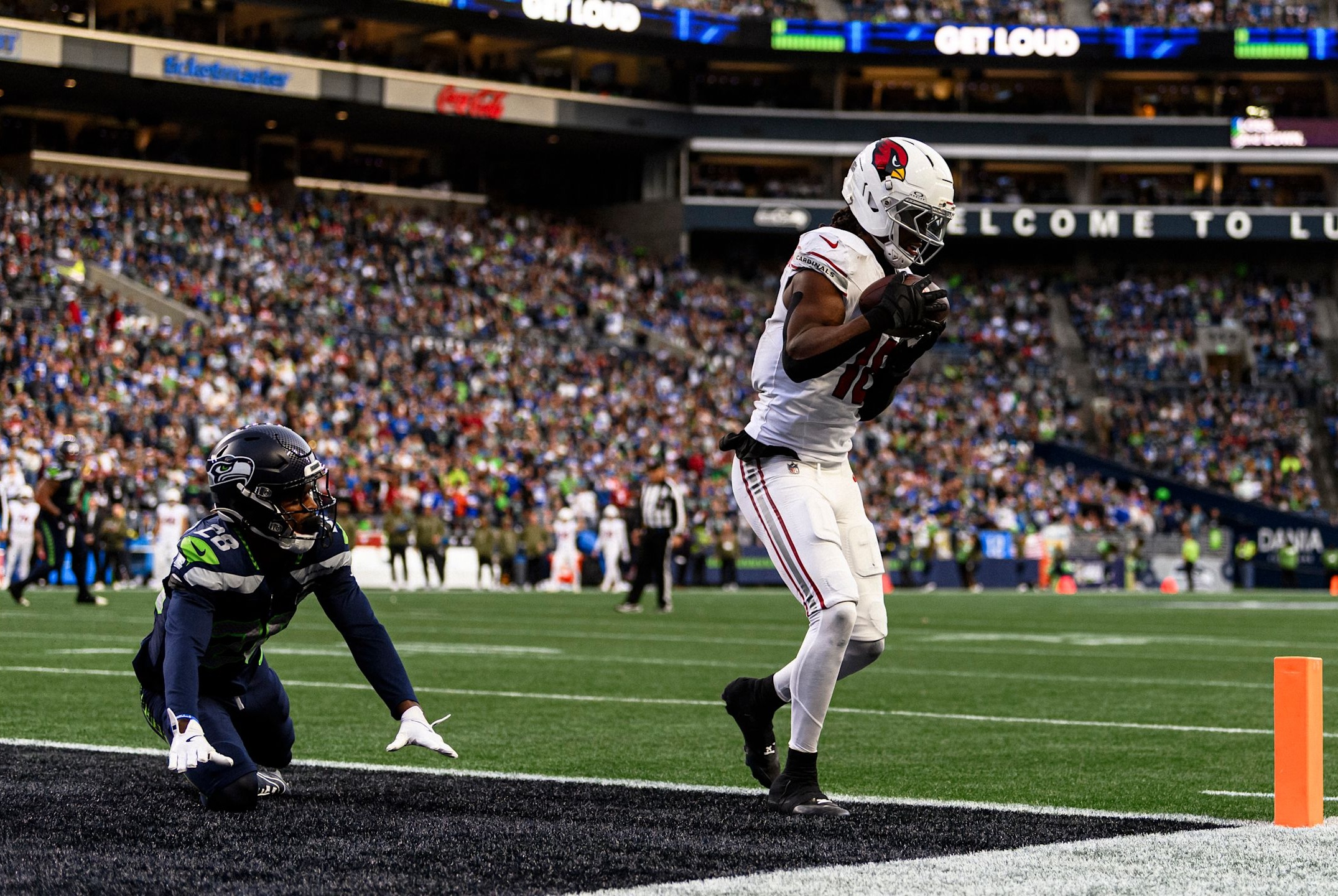 Cardinals wide receiver Marvin Harrison Jr. catches a touchdown in a loss to the Seahawks in Week 10 of the 2025 NFL season.