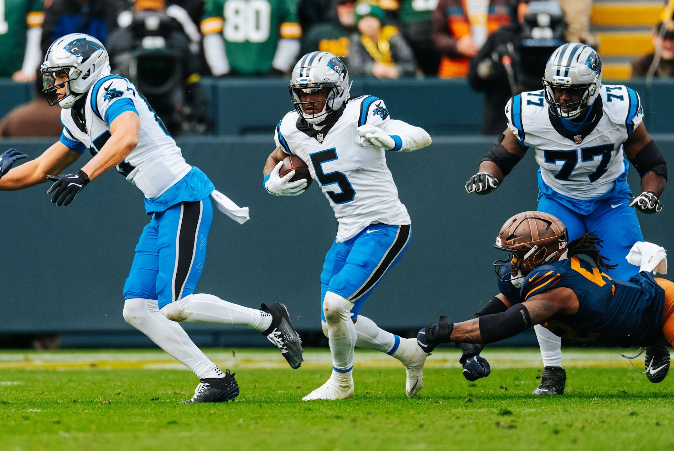 Panthers running back Rico Dowdle runs in a win over the Packers in Week 10 of the 2025 NFL season.