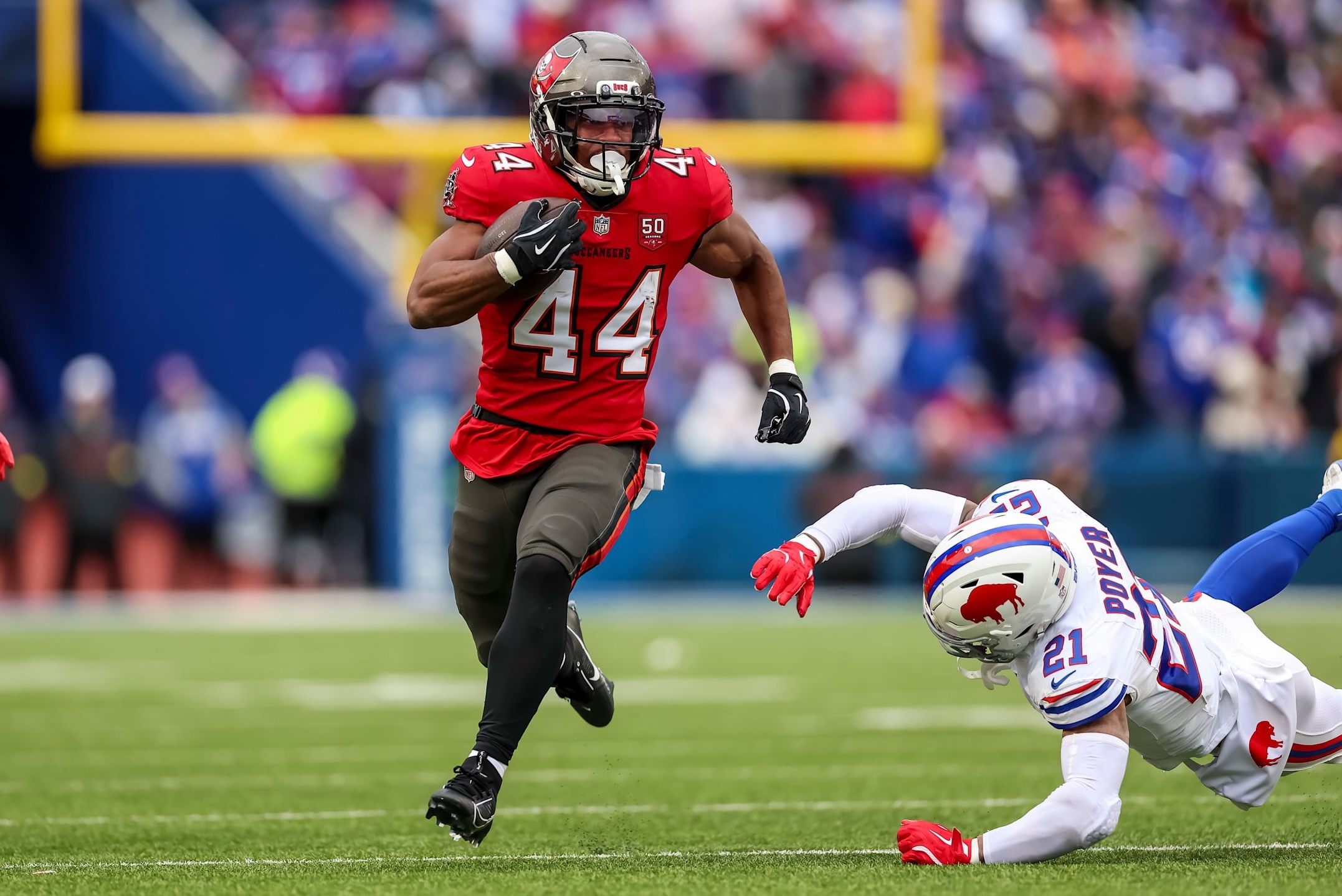 Buccaneers running back Sean Tucker runs during a career performance with three touchdowns in a 44-32 loss to the Bills in Week 11 of the 2025 NFL season.