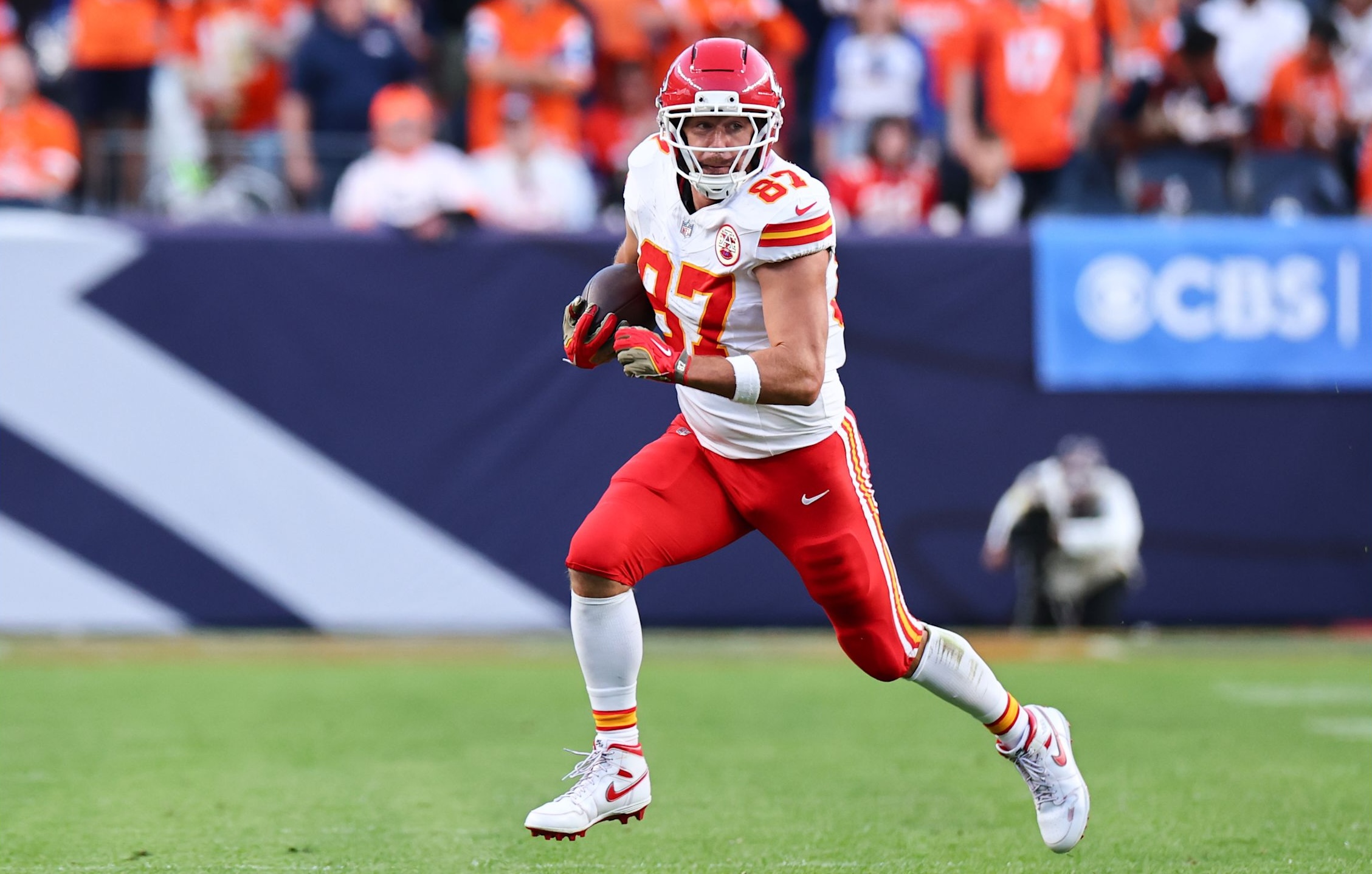 Chiefs tight end Travis Kelce runs following a catch in a 22-19 loss to the Broncos in Week 11 of the 2025 NFL season.