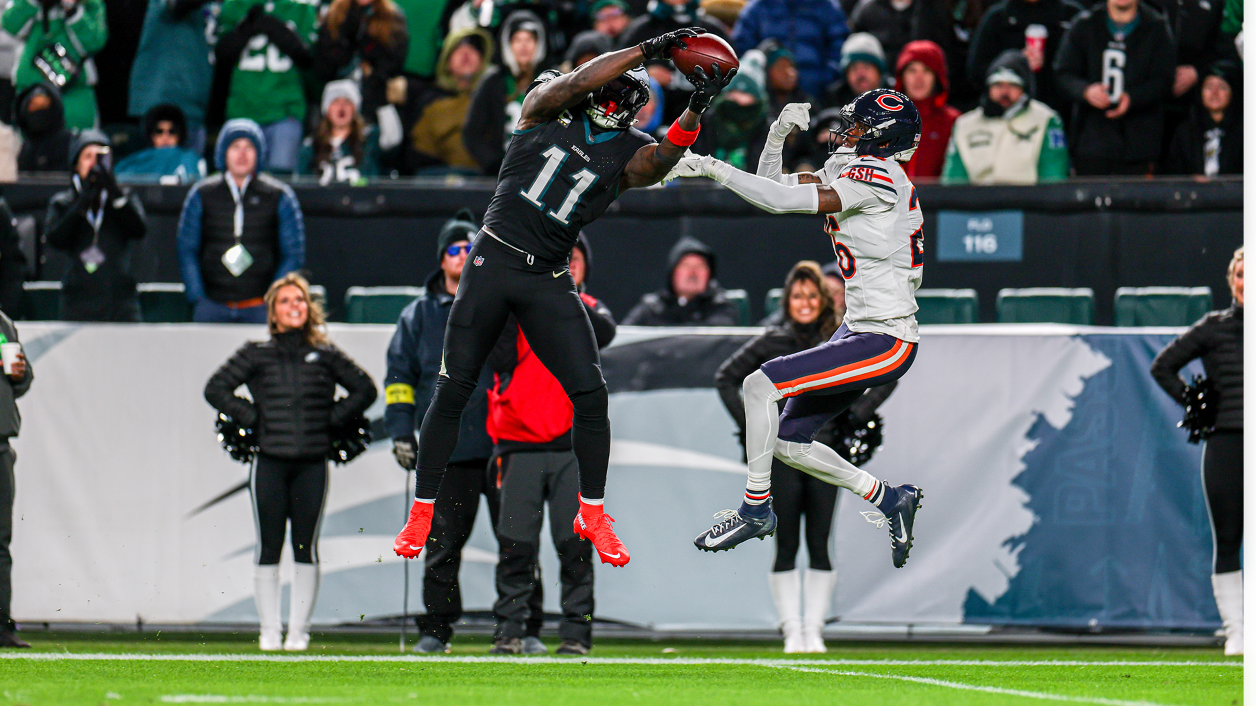 Eagles wide receiver A.J. Brown skies for a touchdown catch in a Black Friday loss to the Bears in Week 13 of the 2025 NFL season.