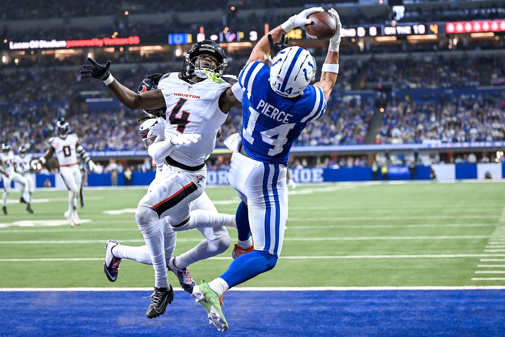 Colts wide receiver Alec Pierce skies for a touchdown catch in a 20-16 loss to the Texans in Week 13 of the 2025 NFL season.