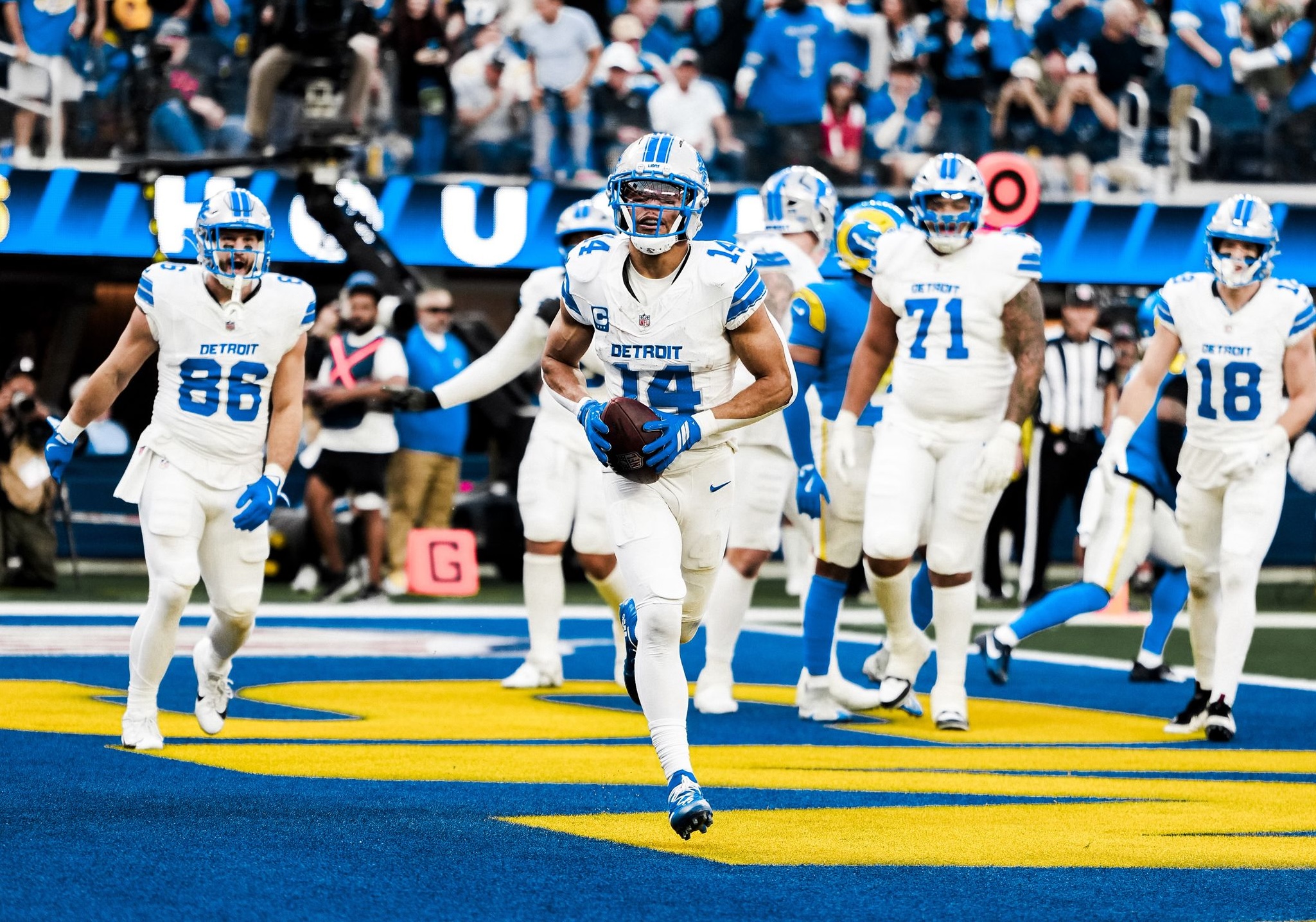 Lions wide receiver Amon-Ra St. Brown celebrates following a touchdown in a 41-34 loss to the Rams in Week 15 of the 2025 NFL season.