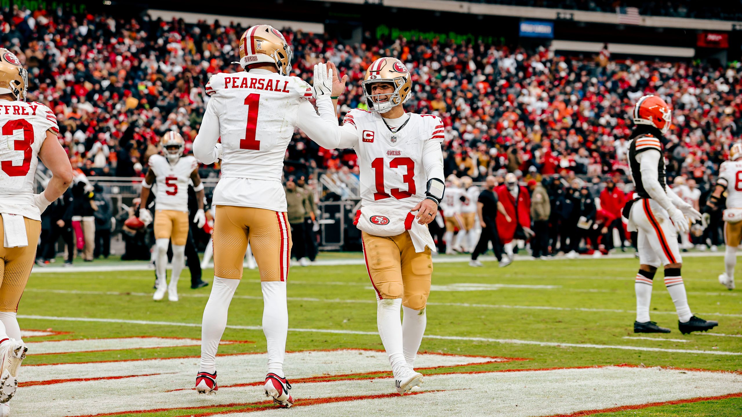 49ers quarterback Brock Purdy celebrates during a win over the Browns in Week 13 of the 2025 NFL season.
