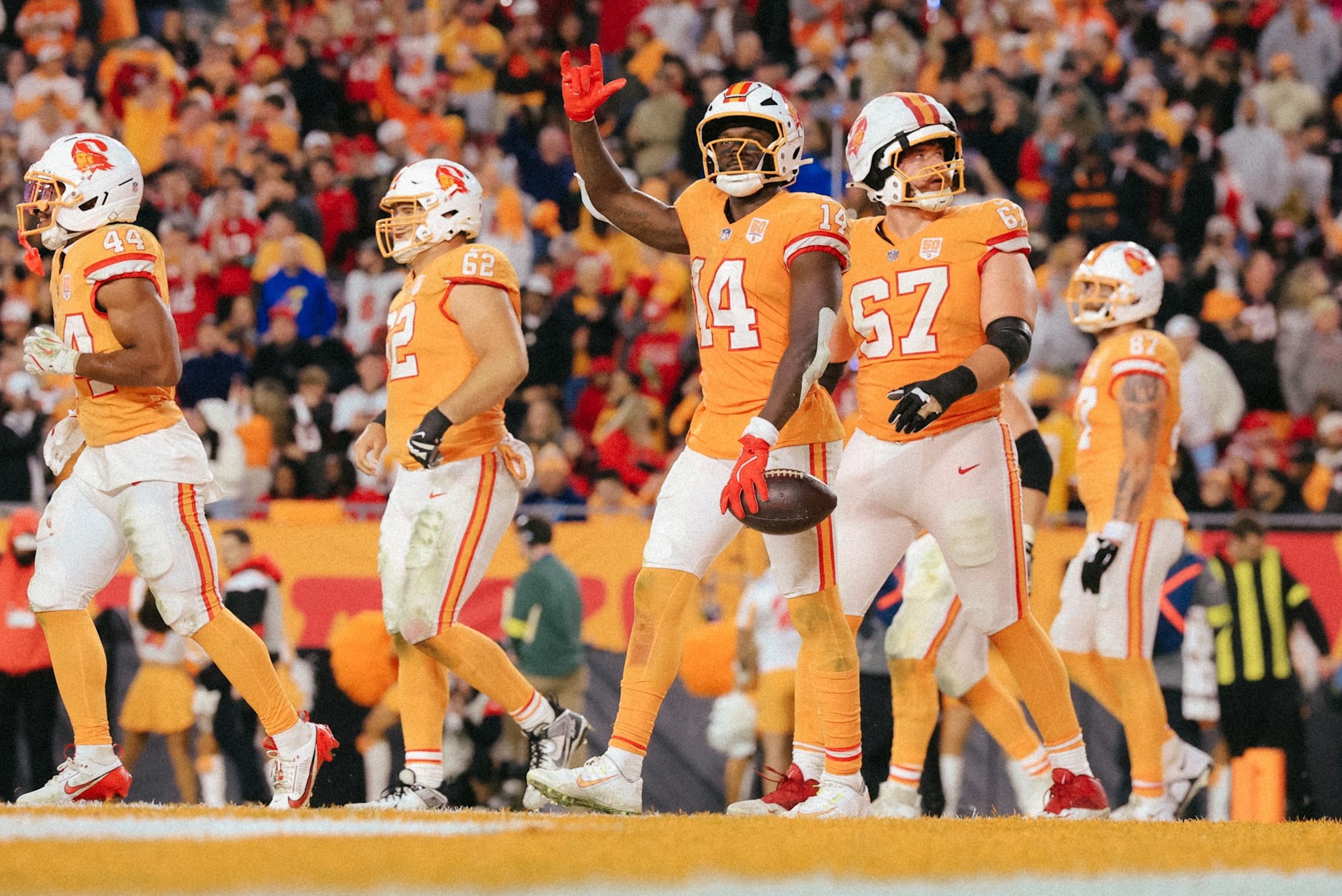 Buccaneers wide receiver Chris Godwin Jr. celebrates a score in a loss to the Falcons in Week 15 of the 2025 NFL season.