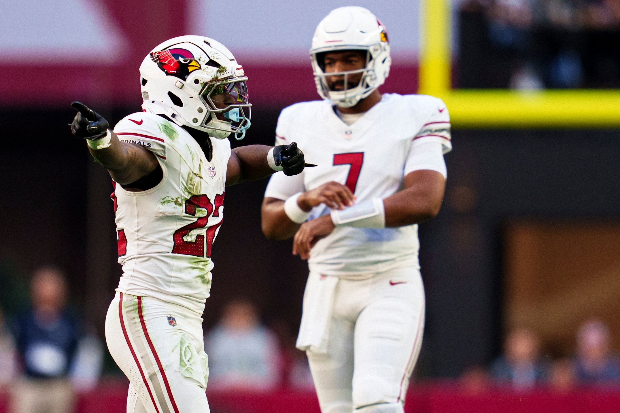 Cardinals running back Michael Carter celebrates during a 26-19 loss to the Falcons in Week 16 of the 2025 NFL season.