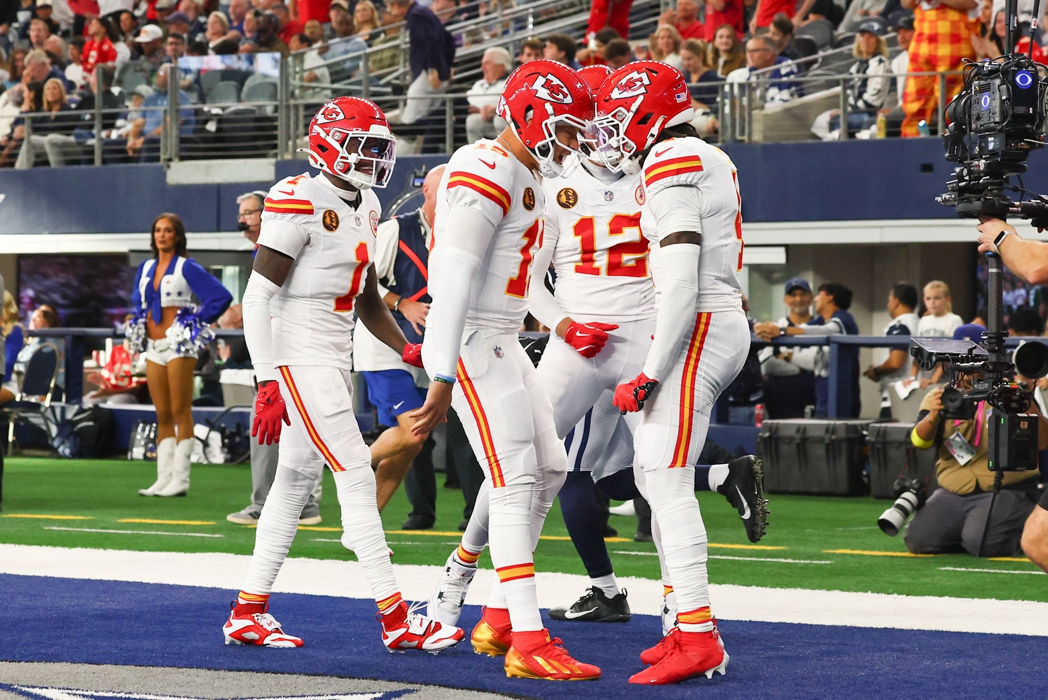 Chiefs quarterback Patrick Mahomes and wide receiver Rashee Rice celebrate following a touchdown in a Thanksgiving Day loss to the Cowboys in Week 13 of the 2025 NFL season.