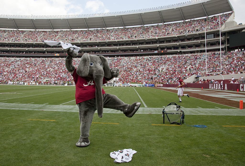 Alabama Crimson Tide mascot celebrates during a college football game.
