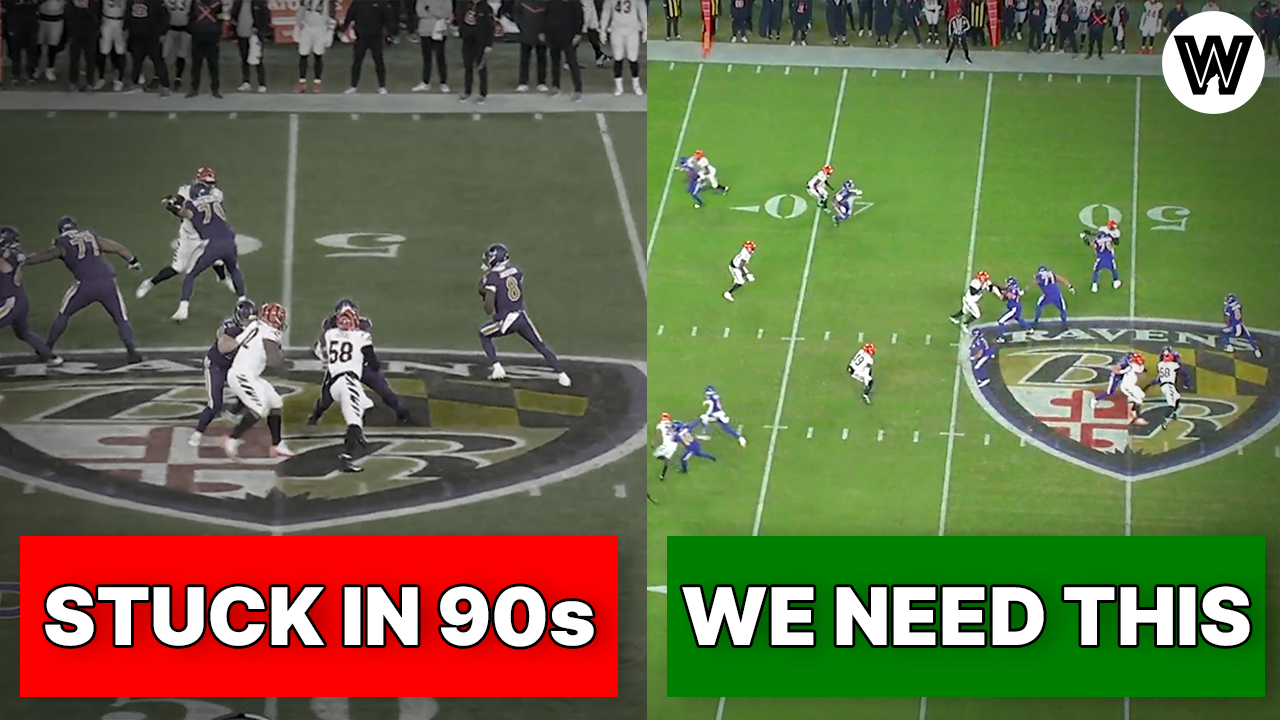 YouTube video thumbnail showing the NFL broadcast angle being too zoomed in for today’s big-screen televisions.