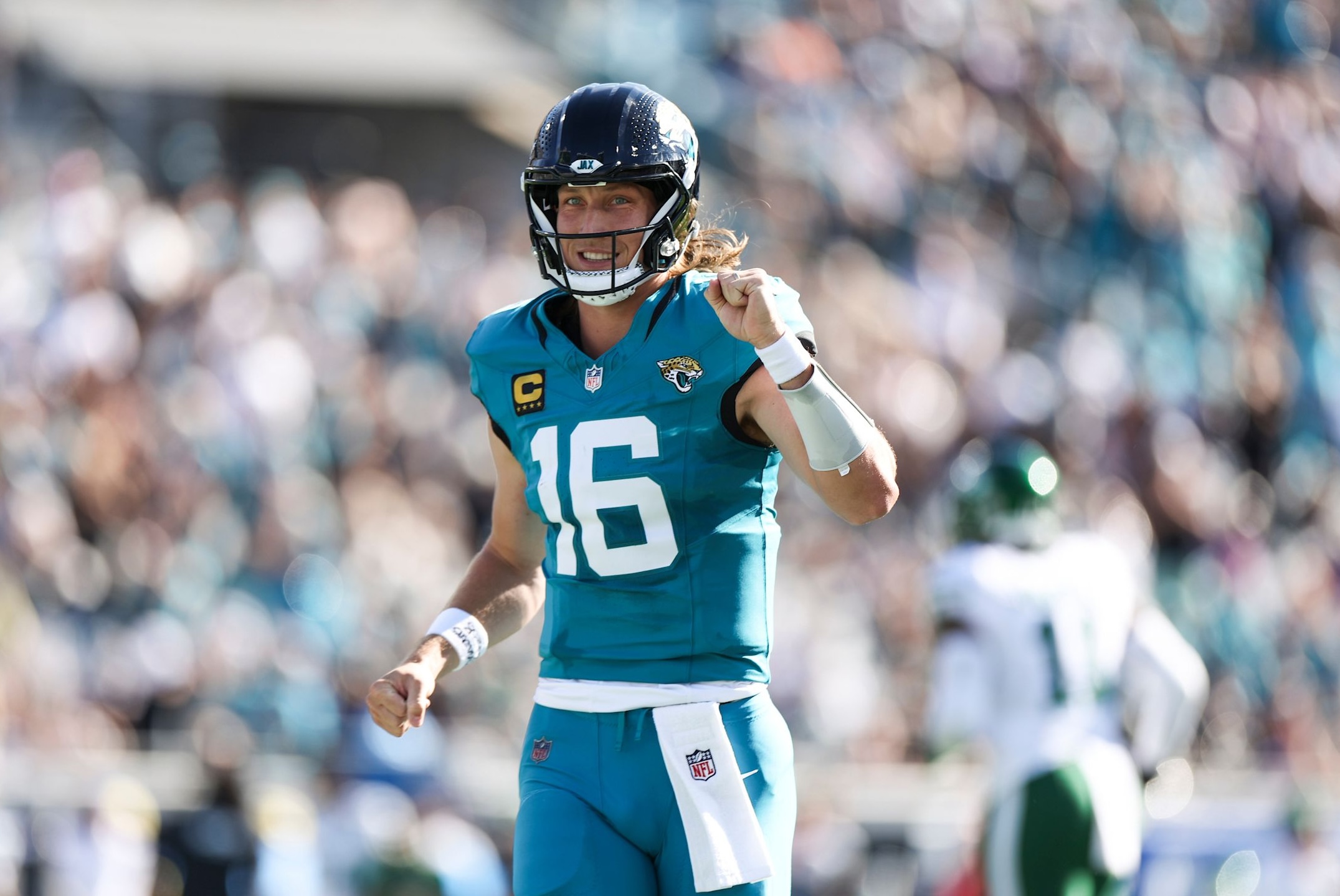 Jaguars quarterback Trevor Lawrence celebrates in a six-touchdown performance as Jacksonville beat the Jets, 48-20, in Week 15 of the 2025 NFL season.