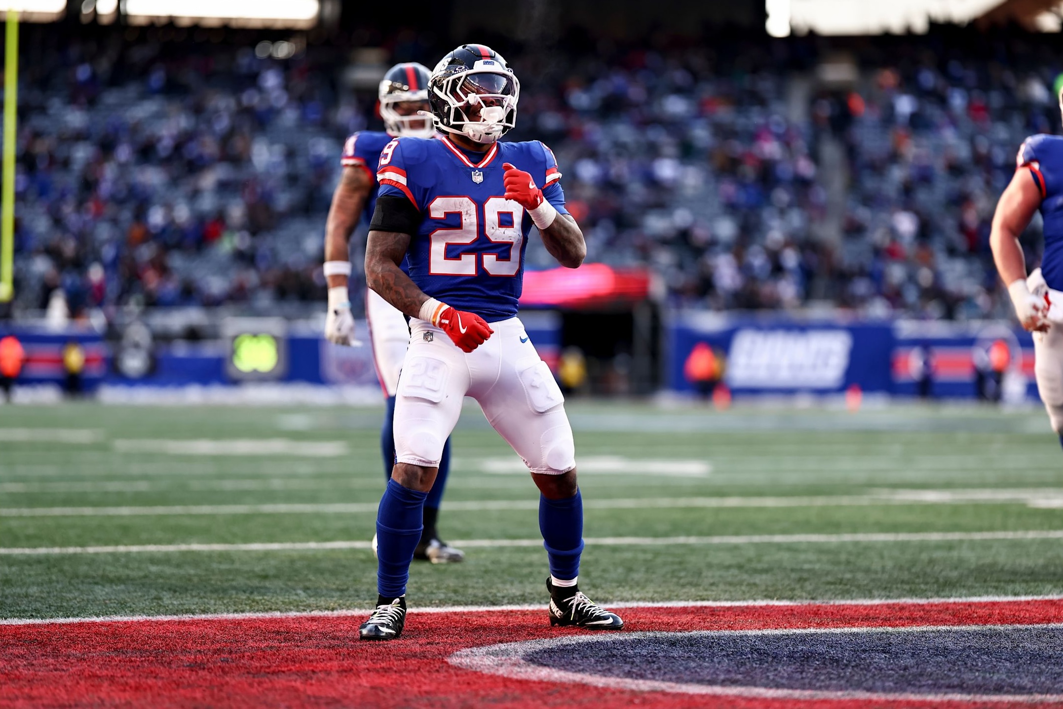 Giants running back Tyrone Tracy Jr. celebrates following a touchdown in a 29-21 loss to the Commanders in Week 15 of the 2025 NFL season.