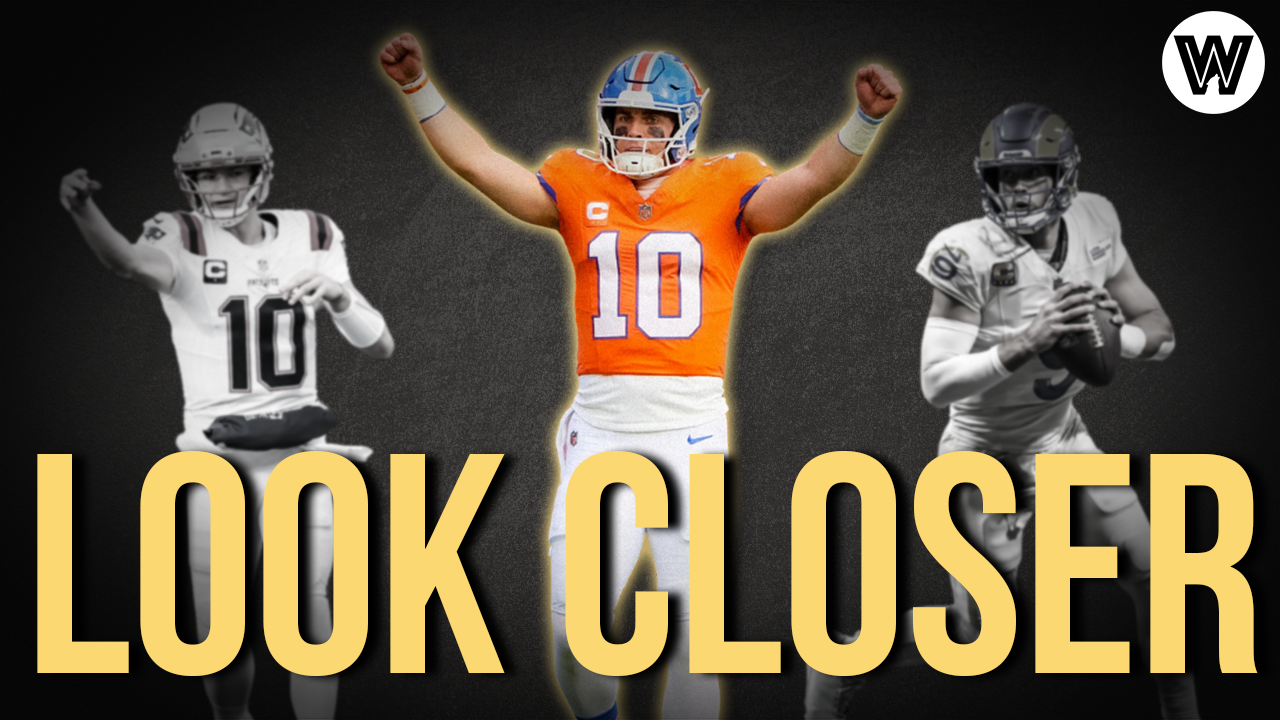 Denver Broncos quarterback Bo Nix leading the 2025 NFL MVP race ahead of New England Patriots quarterback Drake Maye and Los Angeles Rams quarterback Matthew Stafford.