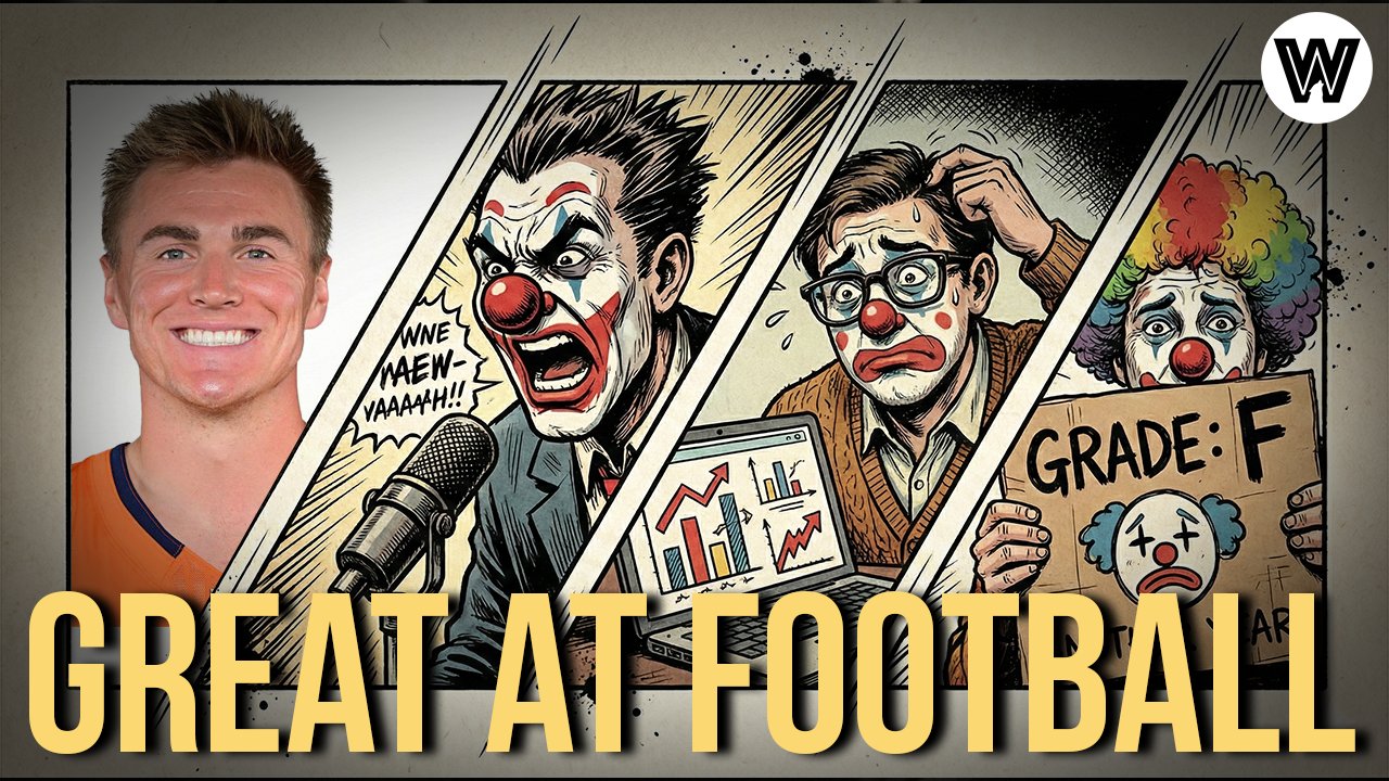 YouTube thumbnail of Denver Broncos quarterback Bo Nix, along with sports media clowns hating on the star player’s ability as a great NFL player.