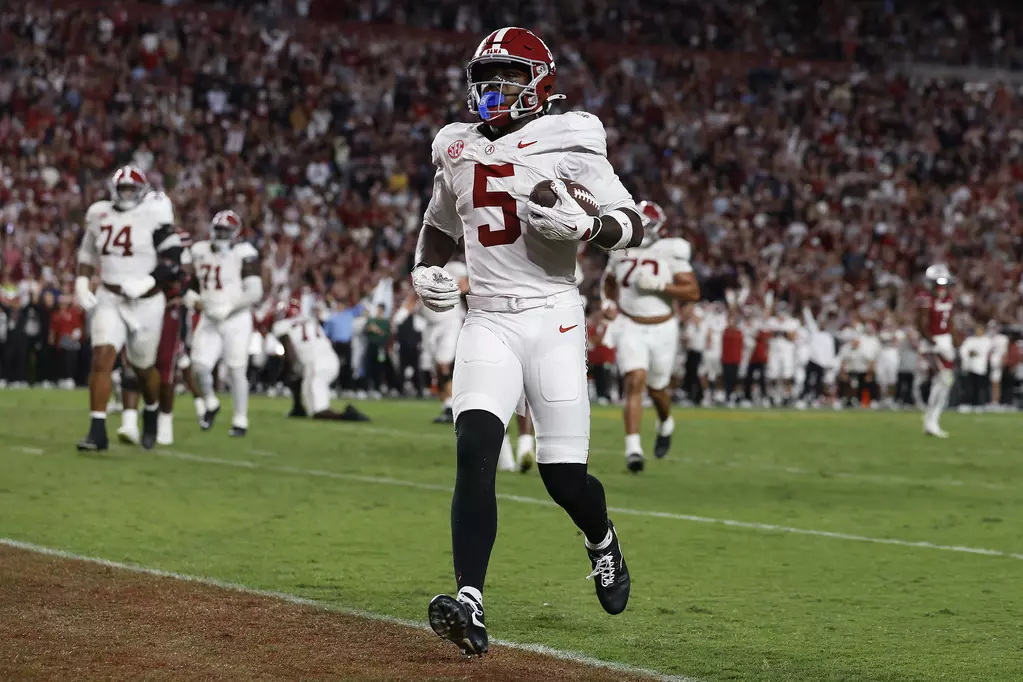 Alabama wide receiver Germie Bernard finds the end zone in a win over South Carolina during the 2025 college football season.