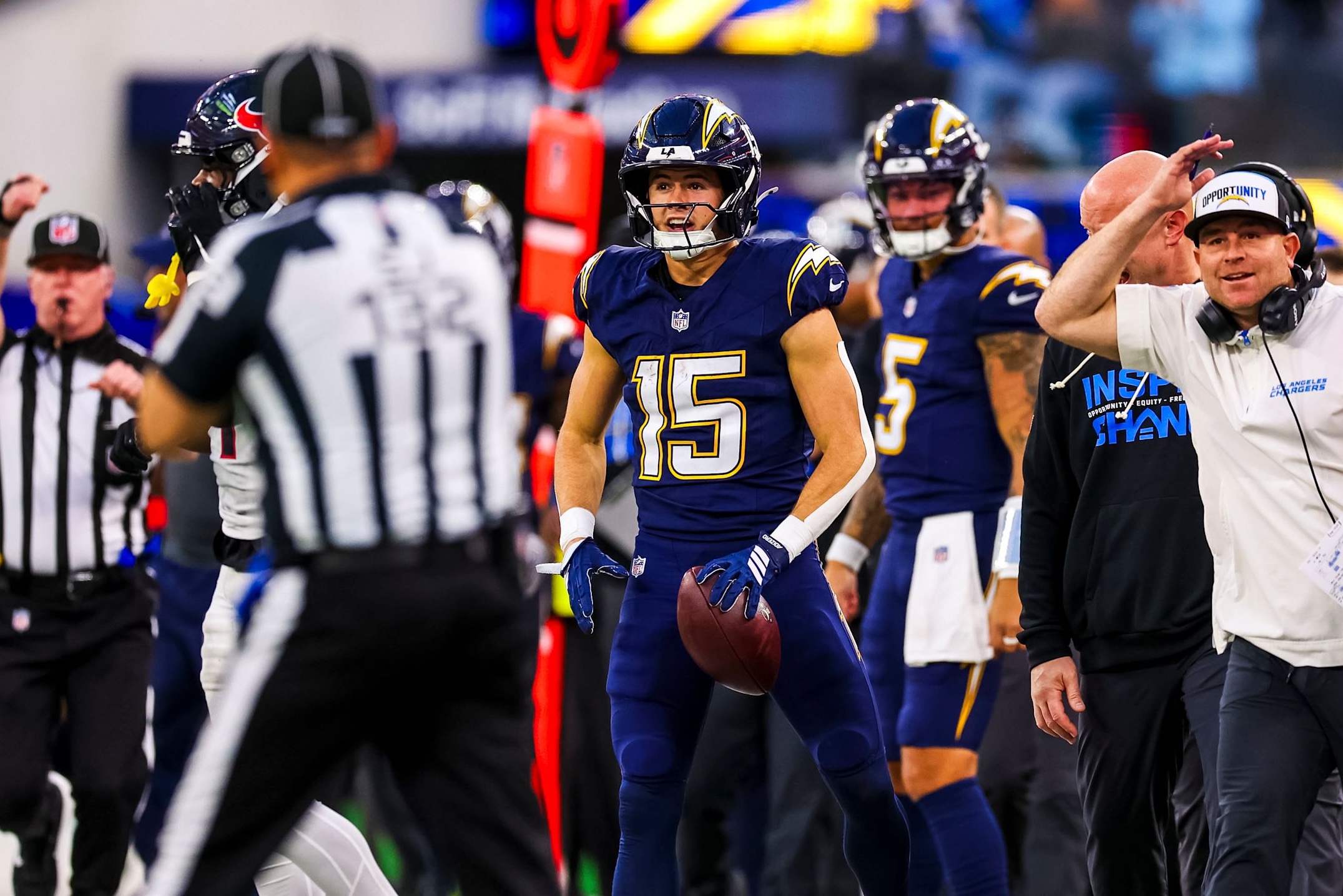 Chargers wide receiver Ladd McConkey celebrates following a catch during a loss to the Texans in Week 17 of the 2025 NFL season.