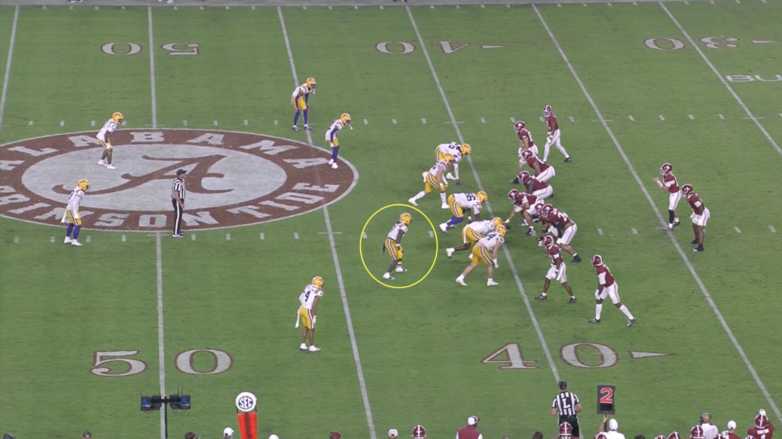 LSU linebacker Harold Perkins Jr. All-22 tape versus Alabama in 2025.